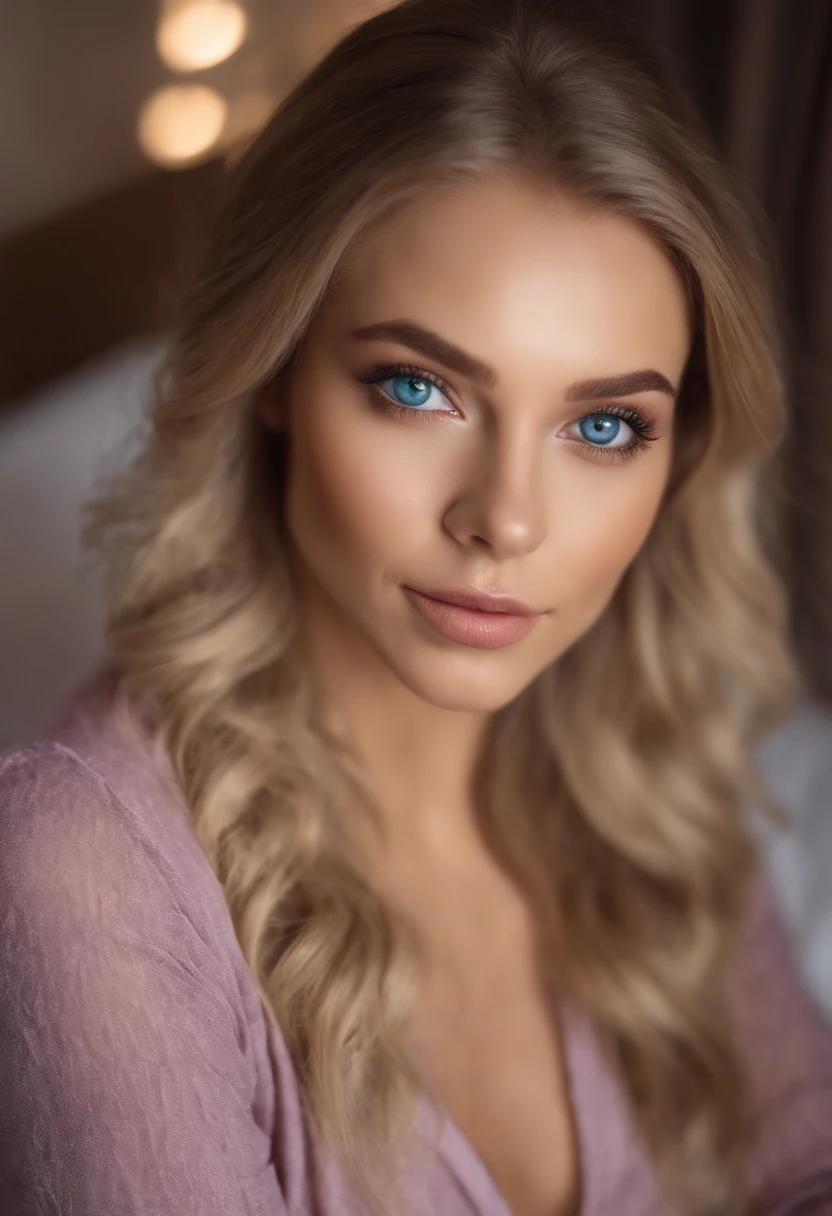 arafed frau voll , Sexy girl with blue eyes, ultra realistisch, Akribisch detailliert, portrait sophie mudd, blonde hair and large eyes, Selfie einer jungen Frau, Augen im Schlafzimmer, Violet Myers, ohne Make-up, Natural makeup, Blick direkt in die Kamera, Gesicht mit Artgram, dezentes Make-up, Stunning full body shot, die auf dem Bett kniet, im Schlafzimmer, mittlere Oberweite