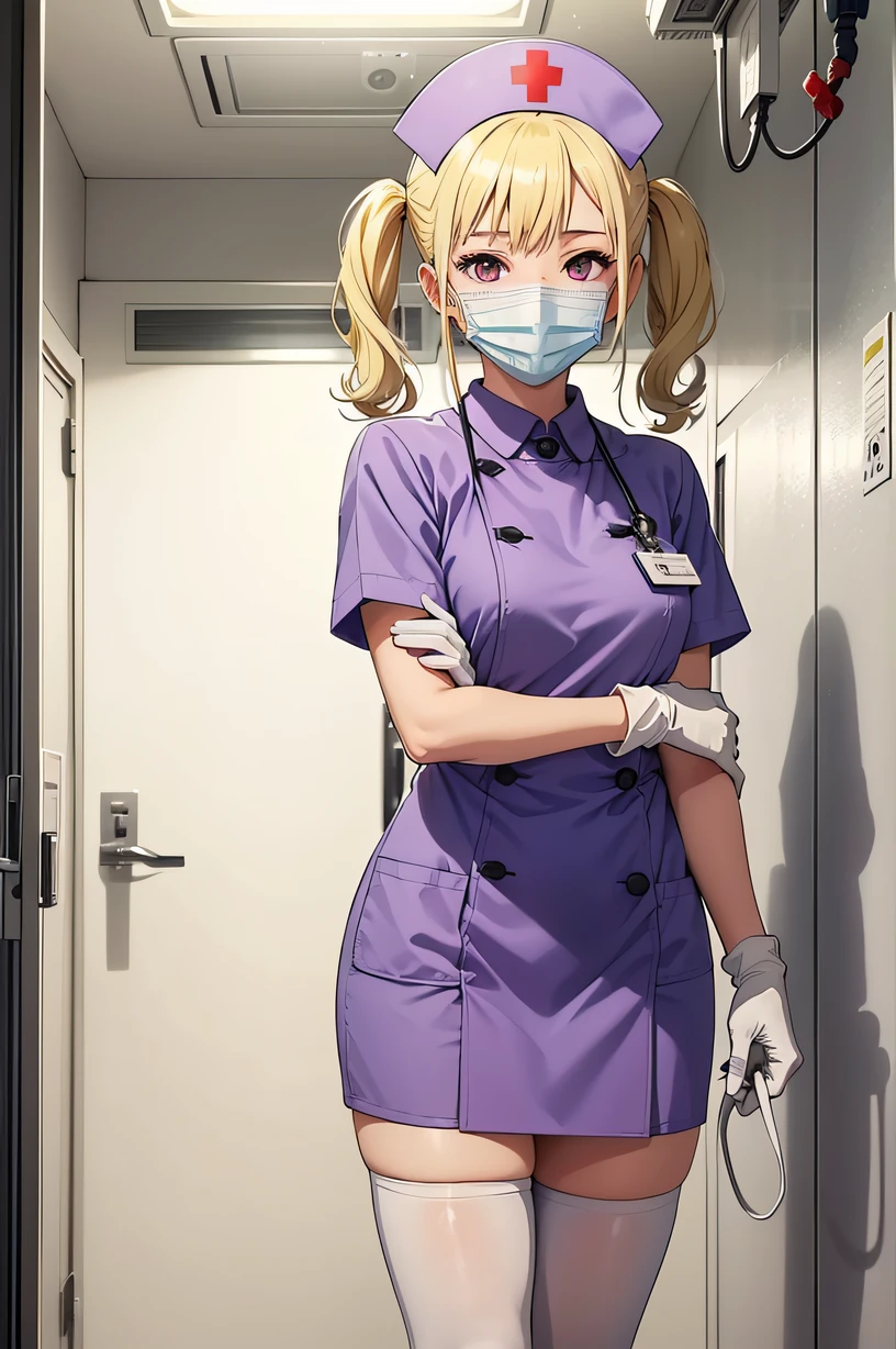 1girl, solo, nurse, nurse cap, white nurse uniform, ((white legwear, zettai ryouiki)), white gloves, twintails, yellow hair, purple eyes, ((white surgical mask, covered nose)), standing, ((hospital room)), sharp outline, short sleeves, best quality, masterpiece