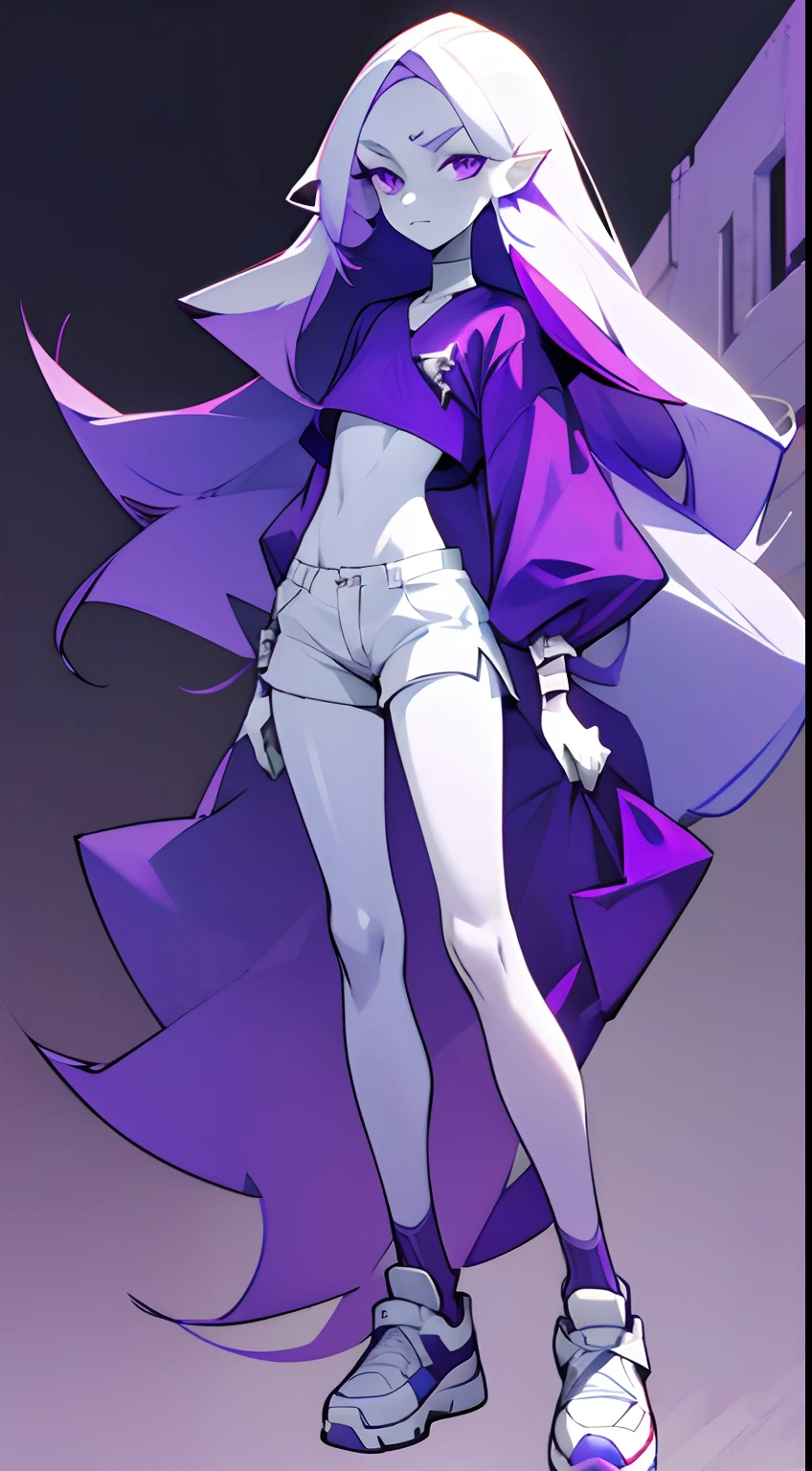 Girl with long thin purple hair, White Skin Skin, Vysokoch, Skinny, beatiful face, sharp facial features, little chest, In shorts and top, white sneakers, stands upright, is looking at the camera, Full-length