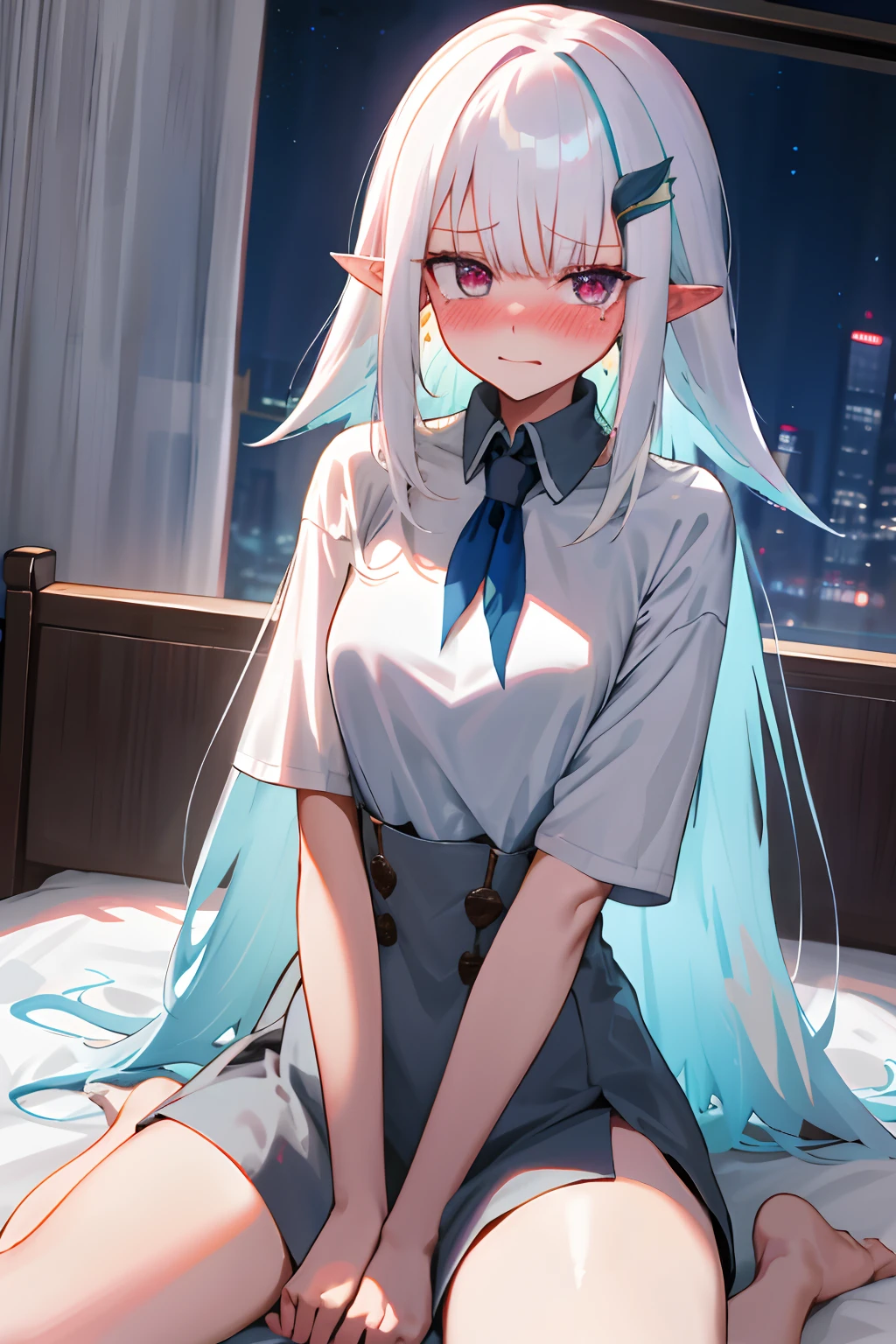 One girl with long hair, white hair, looking at viewer, embarrassed, blushing, tears, indoor , oversized naked t shirts, pointy ears, perfect waist, bed, sit on, spread legs, night atmosphere, hair ornament, fingers on cheeks