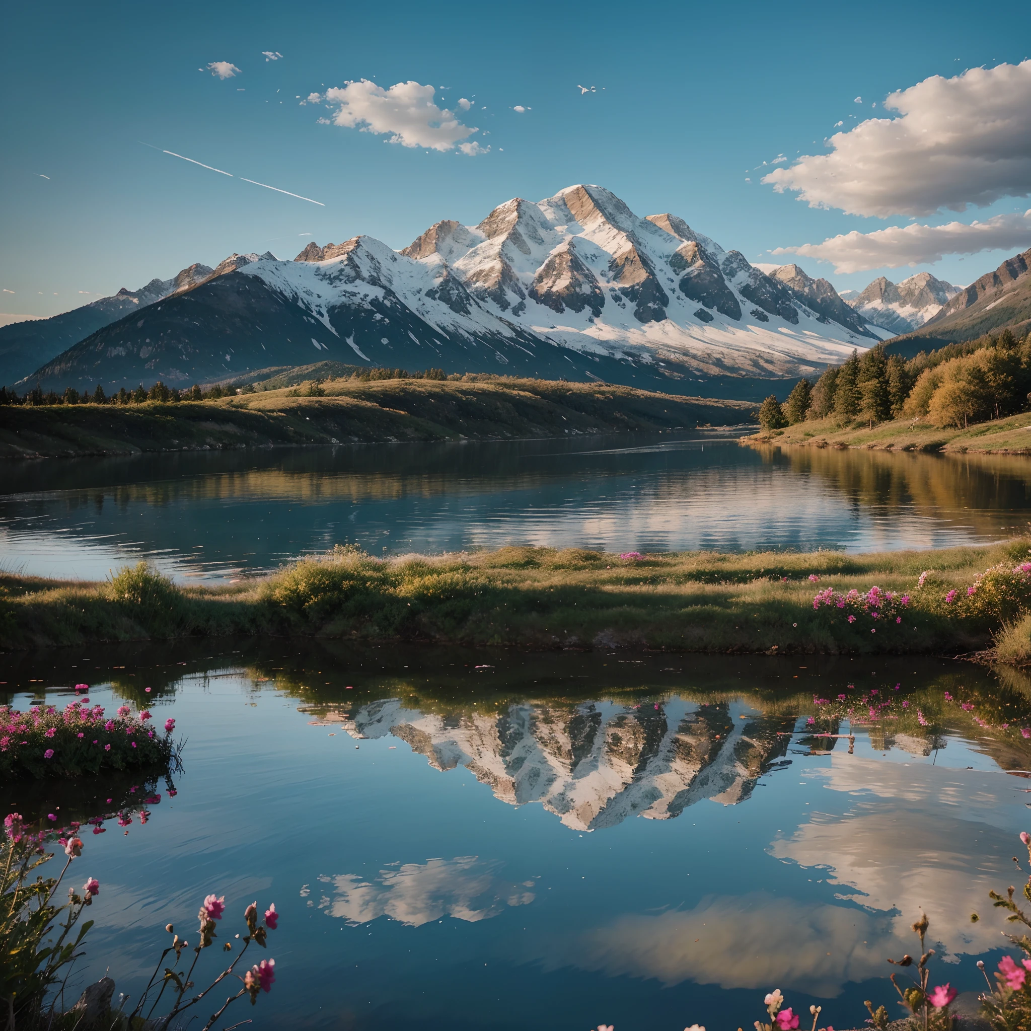A beautiful lake view in the morning on a winter with mountain, tree, and wild flowers, beautiful sky and clouds, beautiful scenery of nature, wallart, 8k