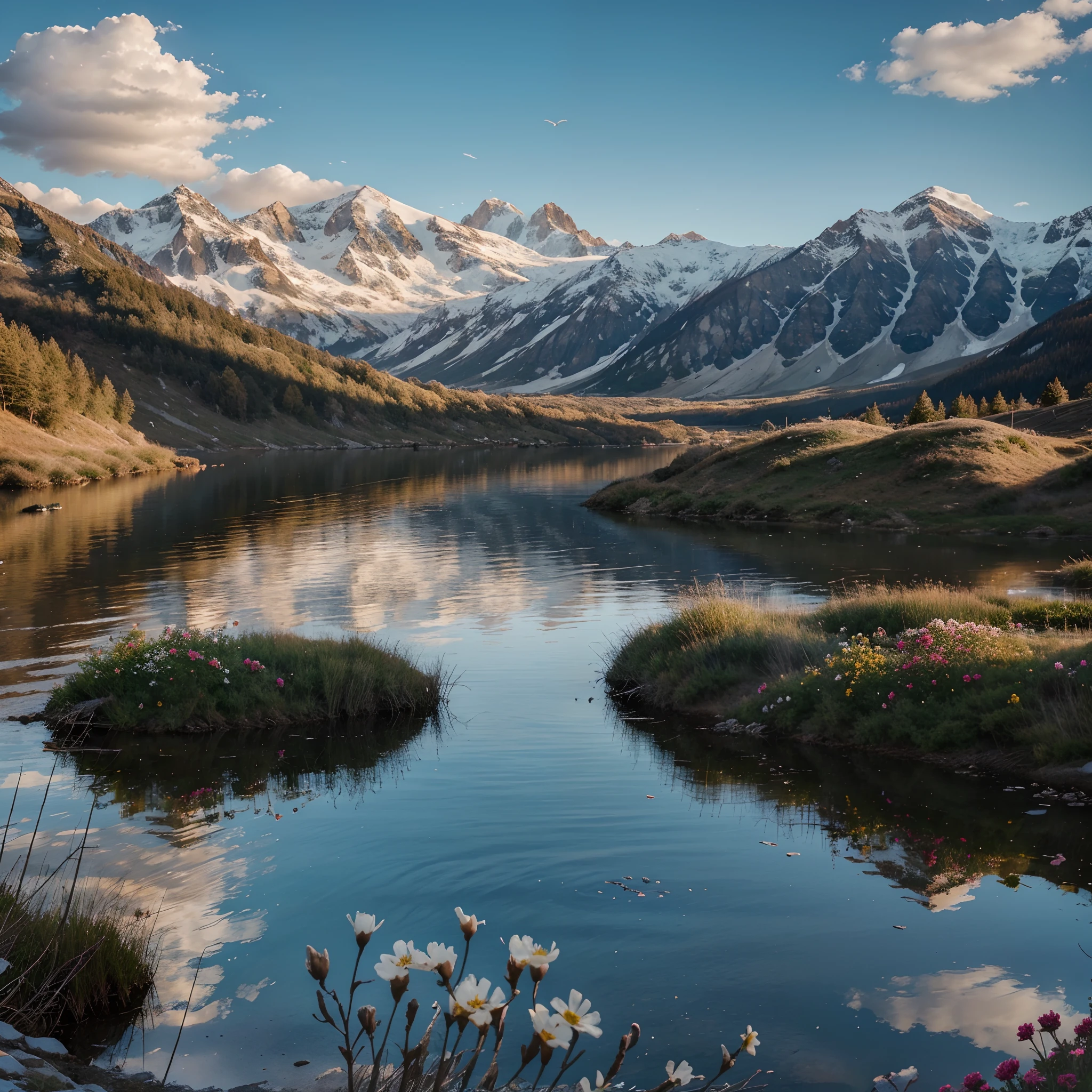 A beautiful lake view in the morning on a winter with mountain, tree, and wild flowers, beautiful sky and clouds, beautiful scenery of nature, wallart, 8k