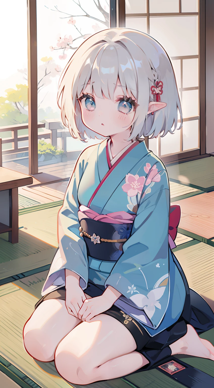 One girl、silber hair、Short bob hair、cute little、small tits、Elven ears、​masterpiece、top-quality、Top image quality、kimono、Tatami mats、traditional Japanese room,Seiza