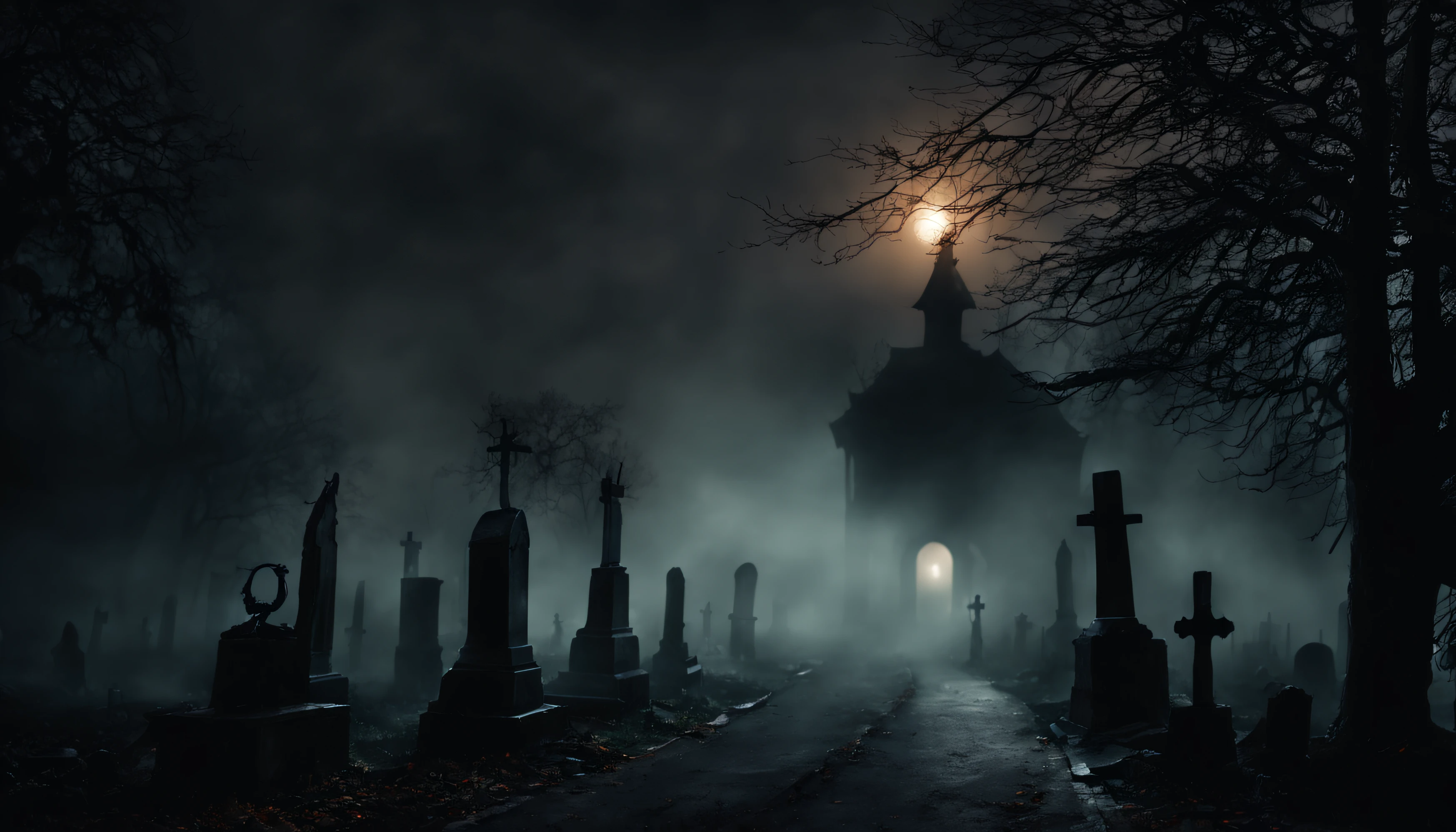 hauntingly beautiful halloween night, mist flowing through the village, shadowy figures lurking in the corners, ancient graveyard   Long foggy street, haunting cemetary ,  dark night, hand on the roof,