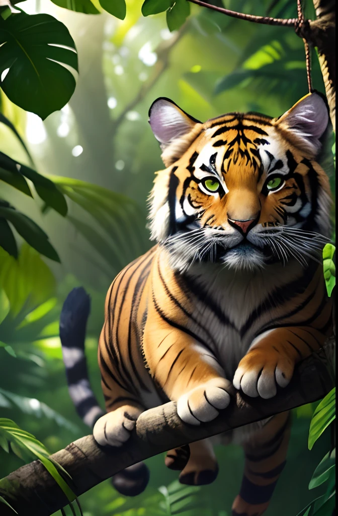 a cat who thinks it's a tiger,fluffy,feline,curious,playful,fur seamlessly blended,cat's green eyes shining,sharp claws,pouncing on branches,purple and blue background,whiskers twitching,hanging from a perch,purrr-rotting itself,paw prints on skin, meowing,climbing up a tree,leafy tail,a jungle setting,sunlight filtering through the leaves,dappled lighting,,bright and vibrant palette,realistic details,high-resolution image,painting-like texture,photorealistic rendering,vivid colors,masterpiece:1.2.