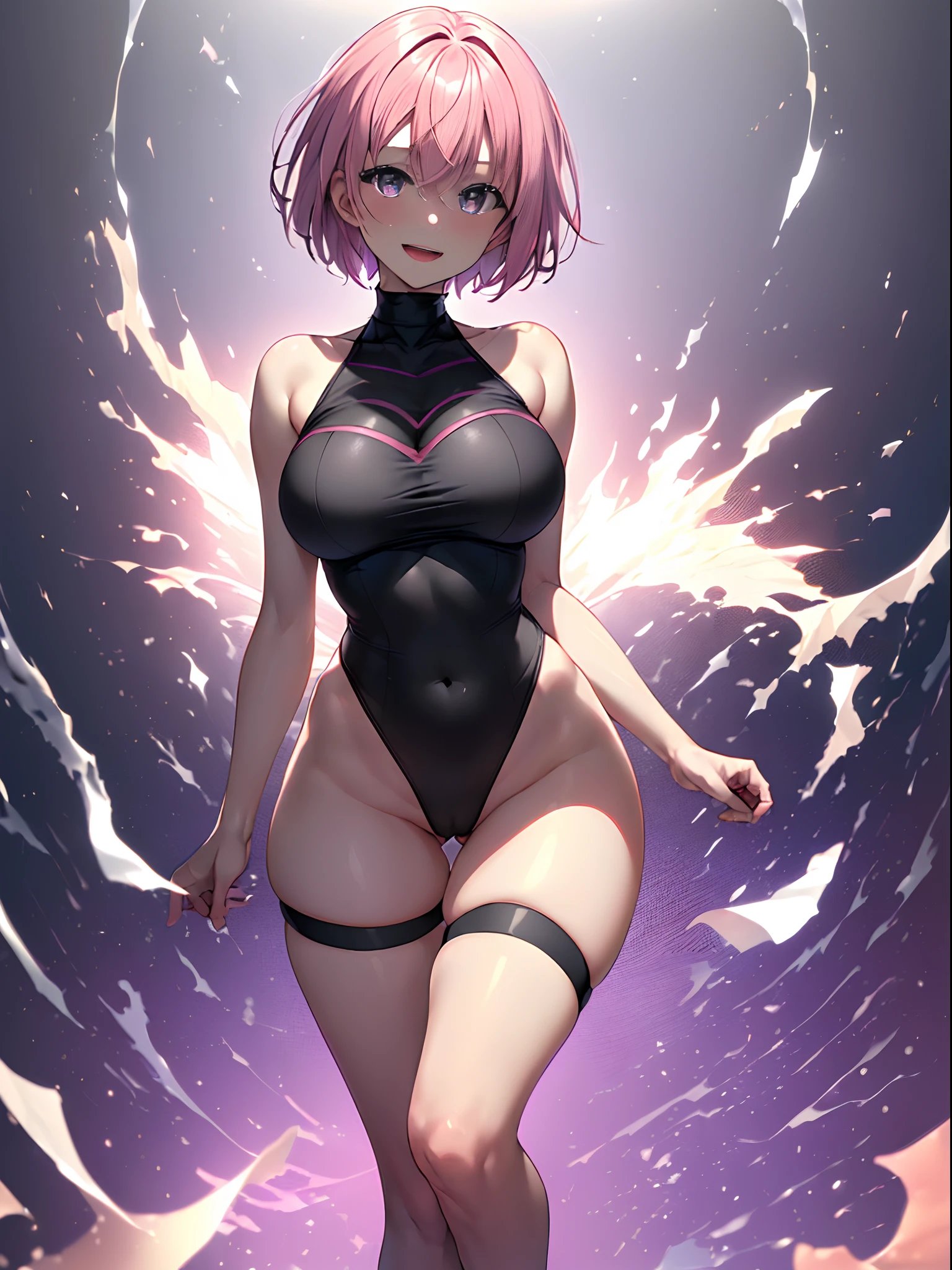 (masterpiece), best quality, expressive eyes, perfect face, full body shot, 1girl, looking at viewer, highleg leotard, black leotard, bare shoulders, huge breasts, navel, navel cutout, slim waist, wide hips, legs apart, thighs, thick thighs, ass visible through thighs, tigh strap, thigh gap, short hair, pink hair, purple eyes, smile, open mouth blush, (Simple background:1.2)