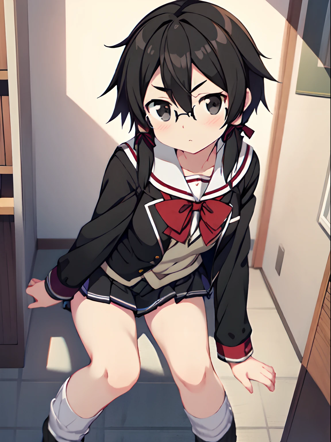 {shino asada, (black eyes:1.5), black hair, hair between eyes, hair ribbon, short hair, sidelocks, glasses}, Highly detailed and realistic CG, Colorful, Masterpiece, Best Quality, novel illustration,1girl in, Solo, loose socks, contrapposto, miniskirt, black school uniform, zettai ryouiki, pupils, looking over eyewear, troubled eyebrows, confused, from POV,