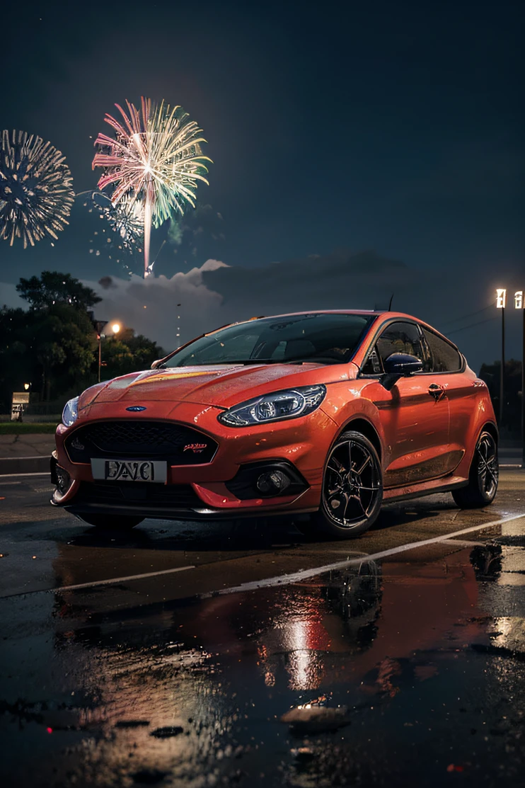 Melhor qualidade, obra-prima, ultra high-resolution. Capture the adrenaline-fueled excitement of a sleek, high-performance Ford Fiesta 1.0 ano 2012 em um estilo de carro de corrida. The car is painted red and blue, With fireworks lighting up the scene, neon lights, Dust and a full car show. O Fiesta 1.Ford's 0 is depicted in a cyberpunk-style racing environment, on a cyberpunk night in Tokyo, with true-to-life detail and a highly detailed representation in 4K digital art. The rendering was done with the octane technique, highlighting bioluminescent elements and a record-breaking 8K resolution to emphasize realism. This masterpiece is an official representation of Ford, A high-quality illustration in the Ligne Claire style and an example of a perfect composition. The scene is incredibly absurd, full of fantasy elements and is focused on the principles of the rule of thirds.