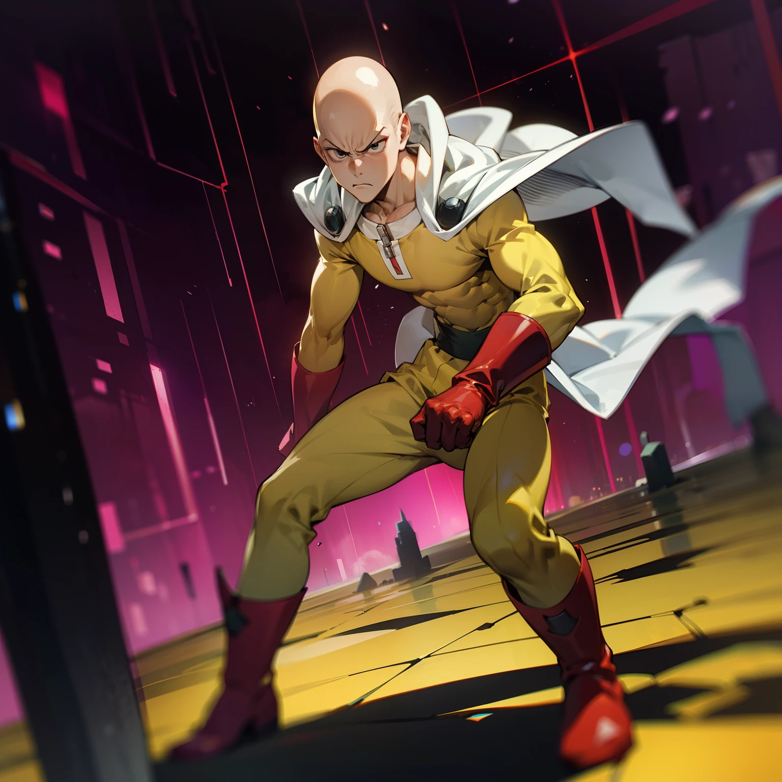 masterpiece, best quality, 1boy, (saitama), bald head, black eyes, red gloves and red boots, yellow clothes and white cape, standing, angry face, completely mad, fighting position, posting to giving punch, night city, detailed face, aura power, night, natural light, standing, male focus, strong muscles, movie composition, deth of field, bokeh, (futuristic), (full body),