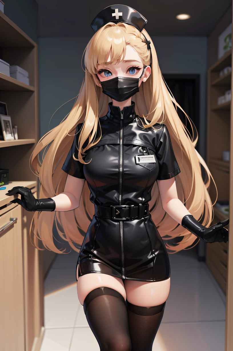 black nurse, 1woman, solo, black nurse cap, black wear, ((black legwear, zettai ryouiki)), black elbow gloves, blonde hair, blue eyes, ((black surgical mask, covered nose)), standing, ((surgery room)), sharp outline, short sleeves, mature female, 35 years old, best quality, masterpiece