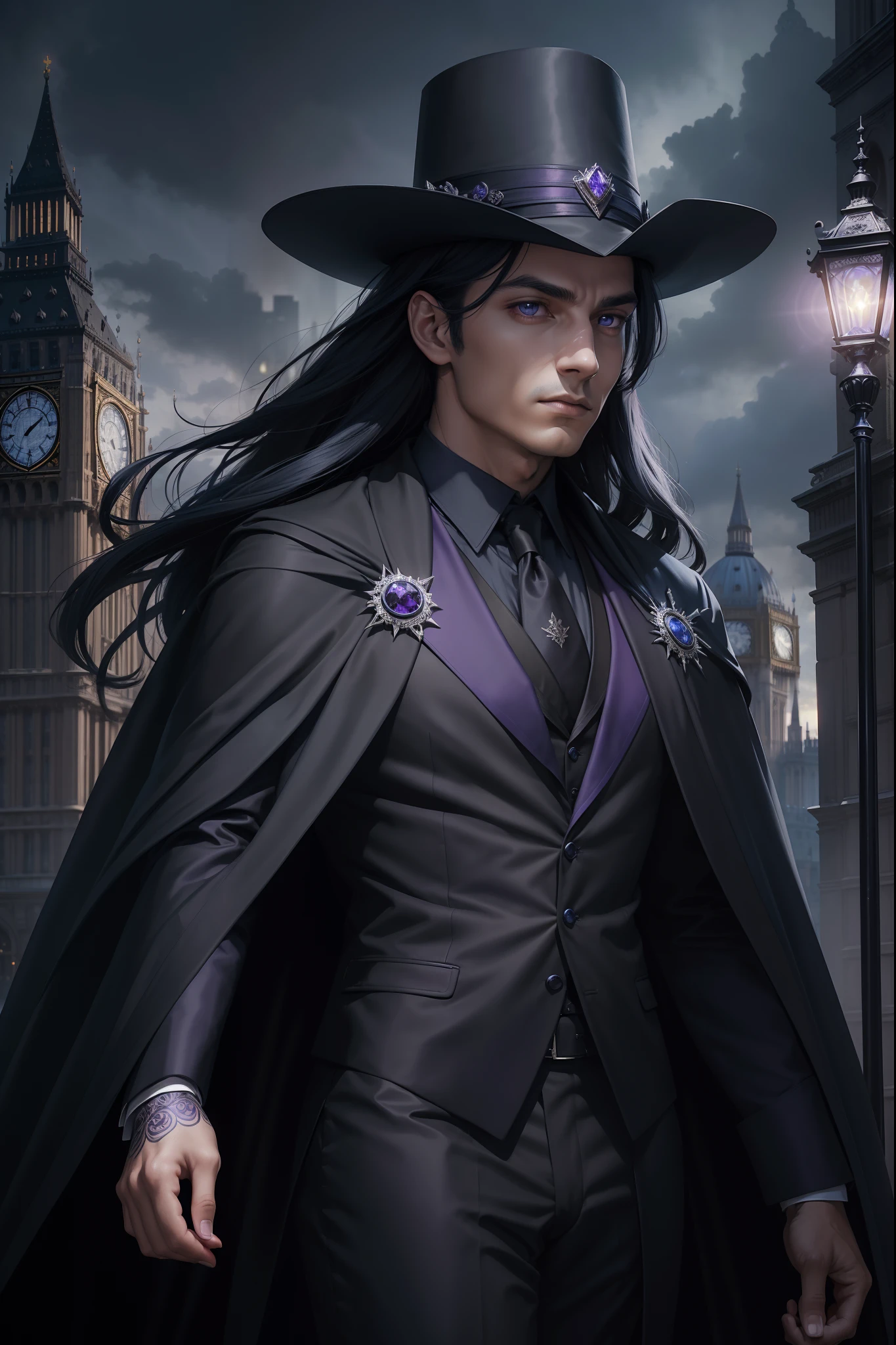 (((Masterpiece))), top quality, male magician in London, super detailed, magical and intelligent, wearing a gothic black suit and cape, grey skin, very long dark blue hair, illuminesent violet eyes, London city background, ((solo)), centered, studio lighting,