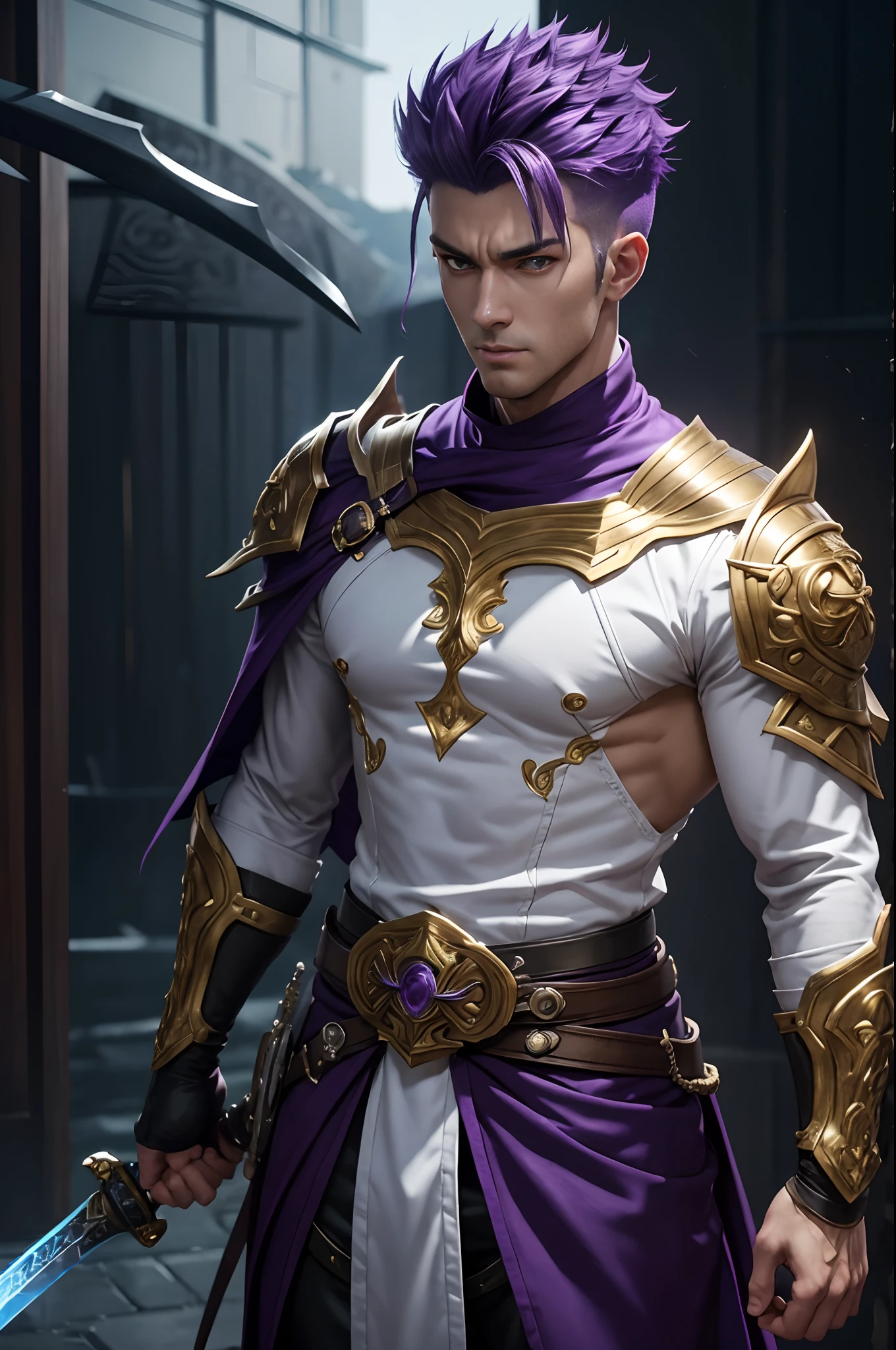 8K、Alafed Men、White and purple exterior,Golden decoration、Redness around the eyes,Big sword armament、Super handsome、Purple and white mohawk cutting、Eyes glowing purple、unrealengine、Joseph Joestar、trending on artstationh、Diobrand、highly detailed exquisite fanart、3 d render character art 8 k、Highly detailed artgerm、Muscular male hero with a slender body、handsome guy in demon slayer art、Range Murata and Artgerm