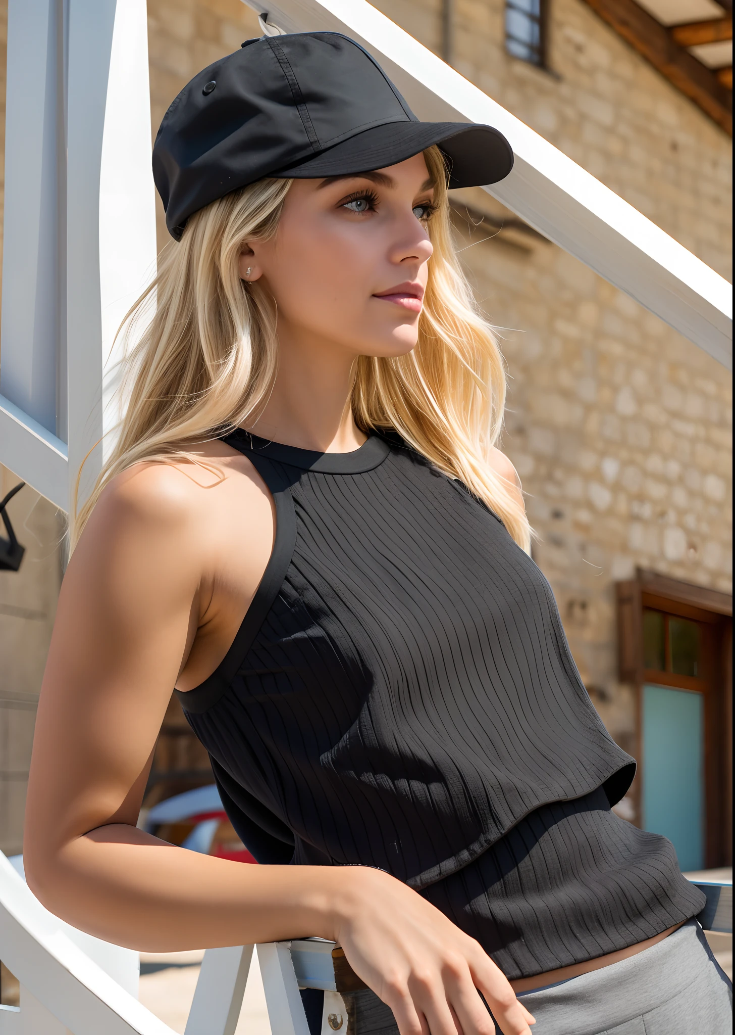 Blonde woman in black top and gray pants leaning on a wooden ladder, she is wearing a black tank top, tanque preto apertado, Tampo do tanque apertado, wearing black dress and hat, tampo preto, usando uma regata cropped preta, 2 Modelo feminina de 4 anos, usando uma regata preta cropped, regata preta apertada e shorts, F / 2 0