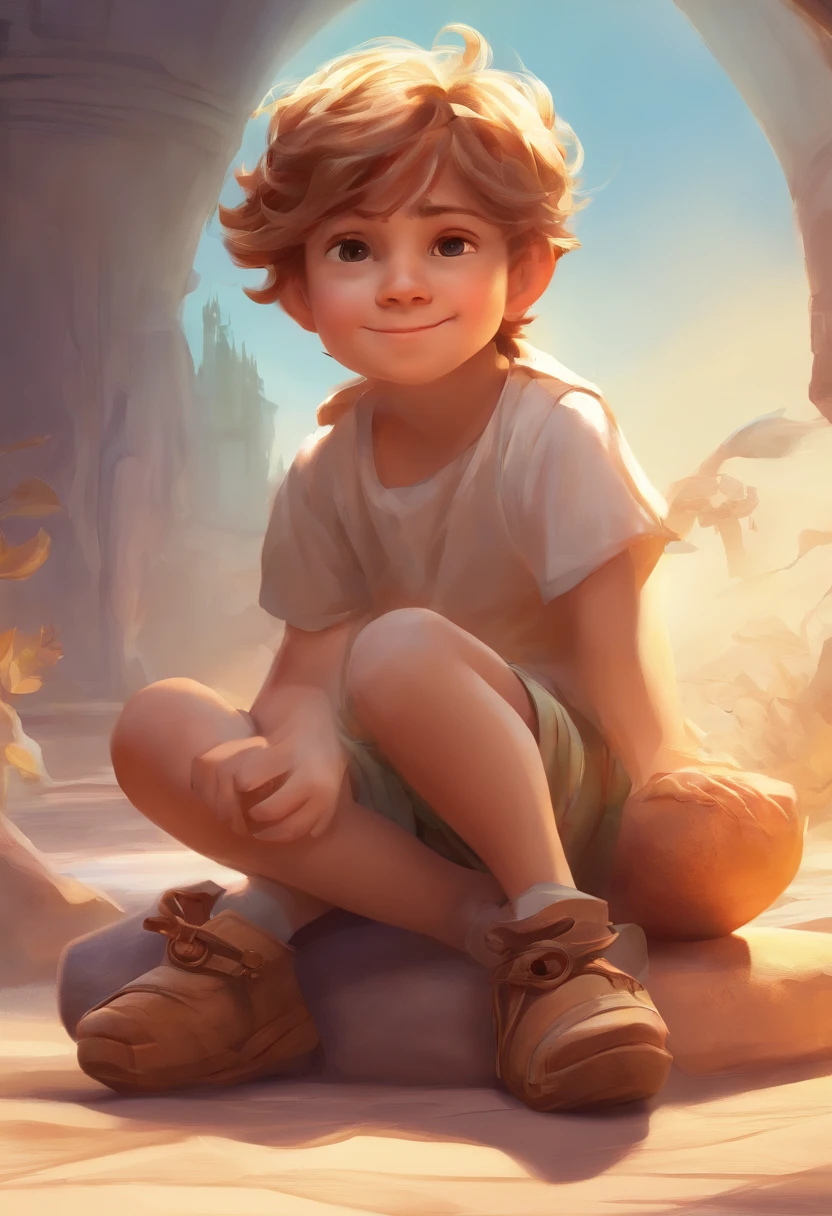 (Side Focus), Fantasy Art, 3D Pixar Style, ArtStation, Volumetric Lighting, Very Detailed Faces, 4 K, Beige Shorts, white T-shirt, A 5-years-old boy sitting sideways on the floor with his legs crossed, smiling, showing surprise, and looking toward his front, Light brown Hair