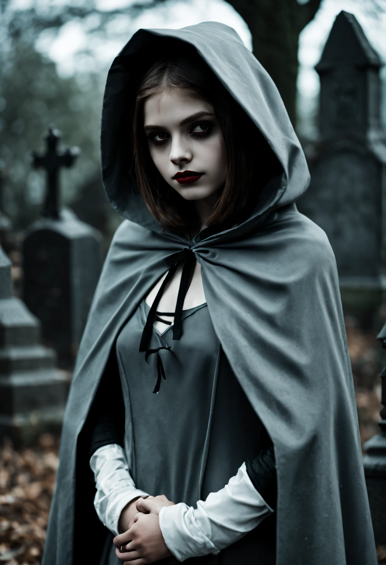a vampiric age girl standing in an eerie graveyard, wearing a cape and hood, arms crossed
