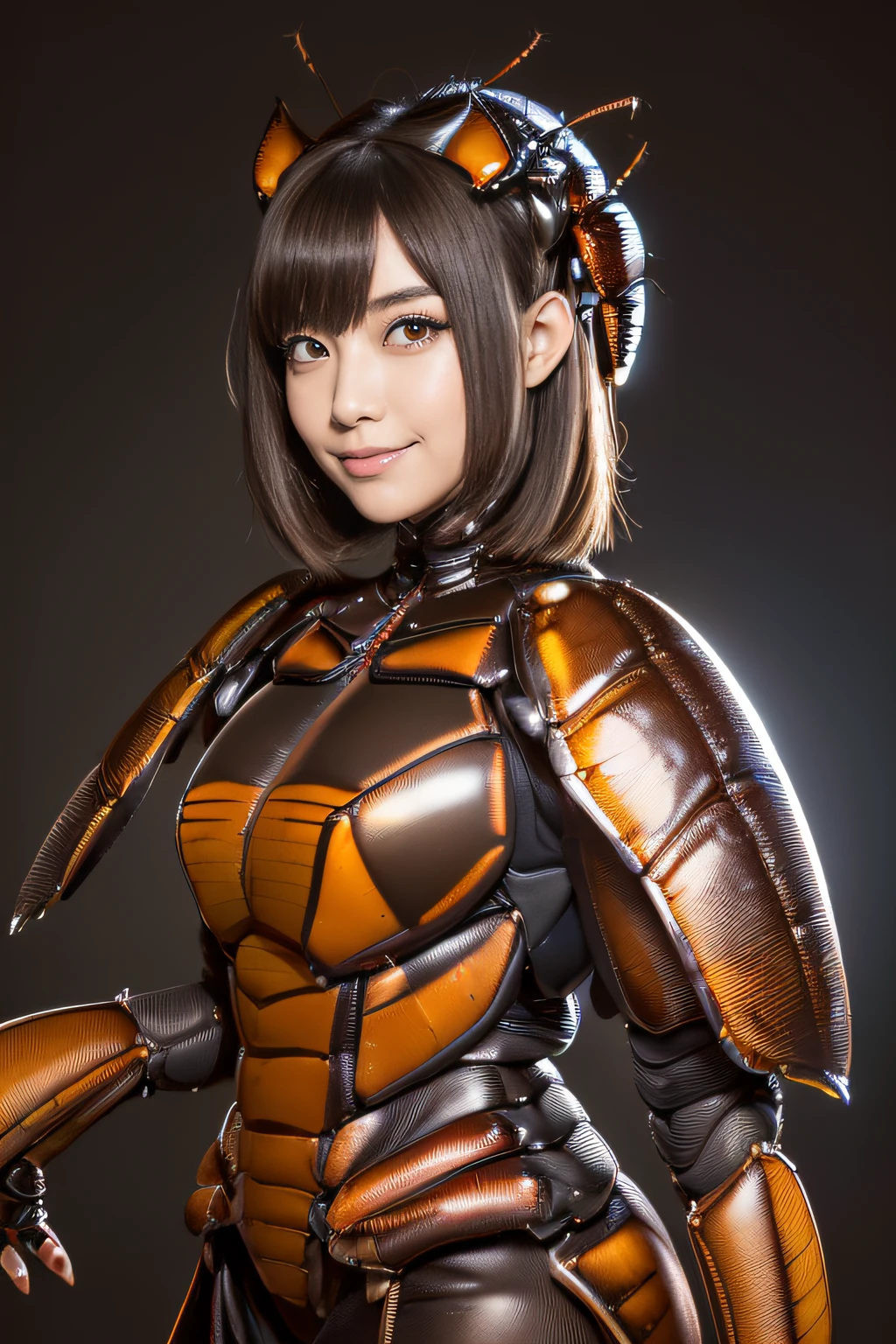 (high resolution,masterpiece,best quality,extremely detailed CG, anime, official art:1.4), realistic, photo, amazing fine details, all intricate, gloss and shiny,awesome many layers, 8k wall paper, 3d, sketch, kawaii, illustration,( solo:1.4), perfect female proportion,villainess, (fusion of dark brown cockroach and lady:1.4), (brown cockroach form lady:1.2), (brown cockroach lady:1.2), (fusion:1.2), (solo:1.4), (evil smile:1.2), muscular, abs, (cockroach brown exoskeleton bio insect suit:1.4), (cockroach brown exoskeleton bio insect armor:1.2), (brown transparency cockroach wing:1.4), (brown cockroach antennae:1.3),