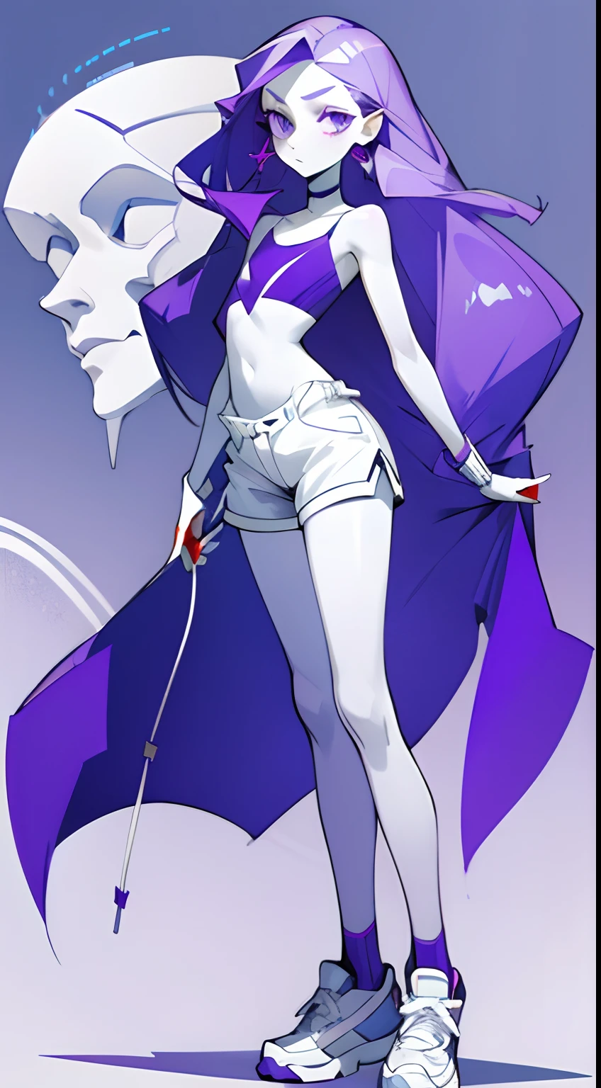 Girl with long thin purple hair, White Skin Skin, Vysokoch, Skinny, beatiful face, sharp facial features, little chest, In shorts and top, white sneakers, stands upright, is looking at the camera, Full-length