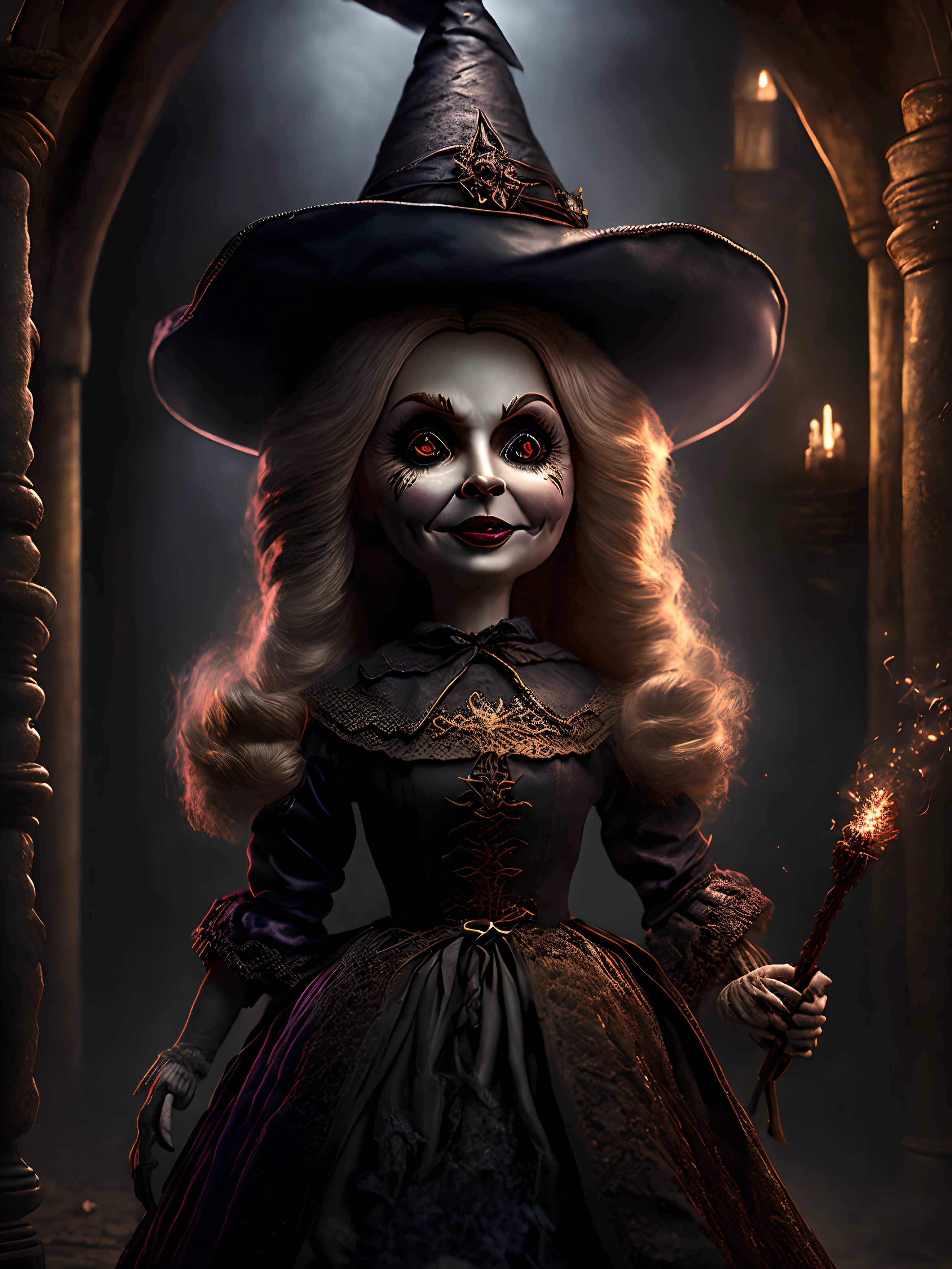 An eerie and vintage photograph of the iconic Laffing Sal fun house doll, dressed in a 19th-century style gown. The doll's exaggerated, wide-brimmed hat adds to its unique appearance. With a discolored and slightly faded smile, Laffing Sal stands in a dimly lit, slightly chaotic environment, surrounded by a collection of old-fashioned circus posters and worn-out carnival memorabilia.