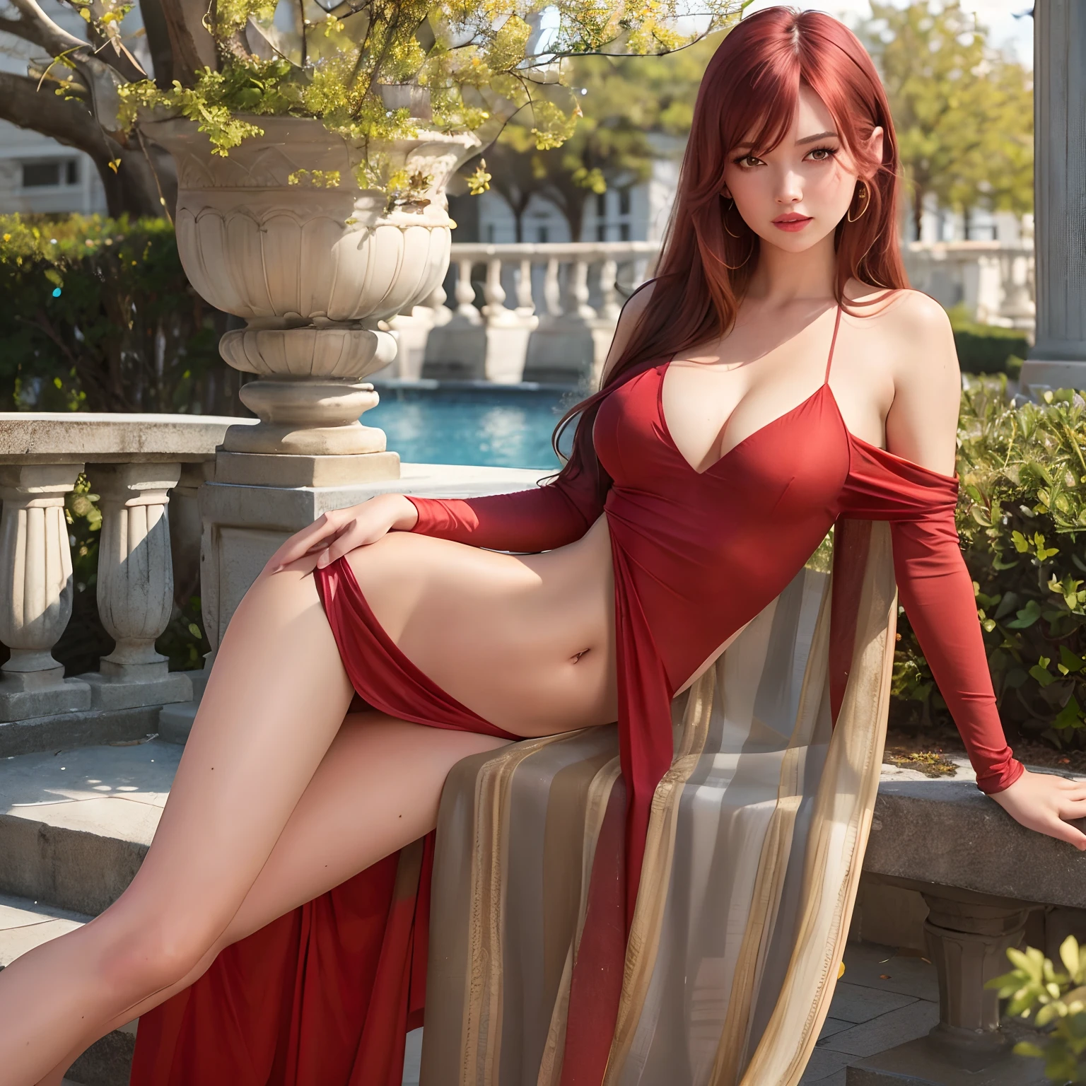 Best Quality, Masterpiece, (Realistic: 1.2), 1 girl, slim girl, red hair, brown eyes, front, detailed face, beautiful eyes, brown eyes, big eyes, small breasts, cleavage, long dress, ((longtorso, ltso):1.2), tall