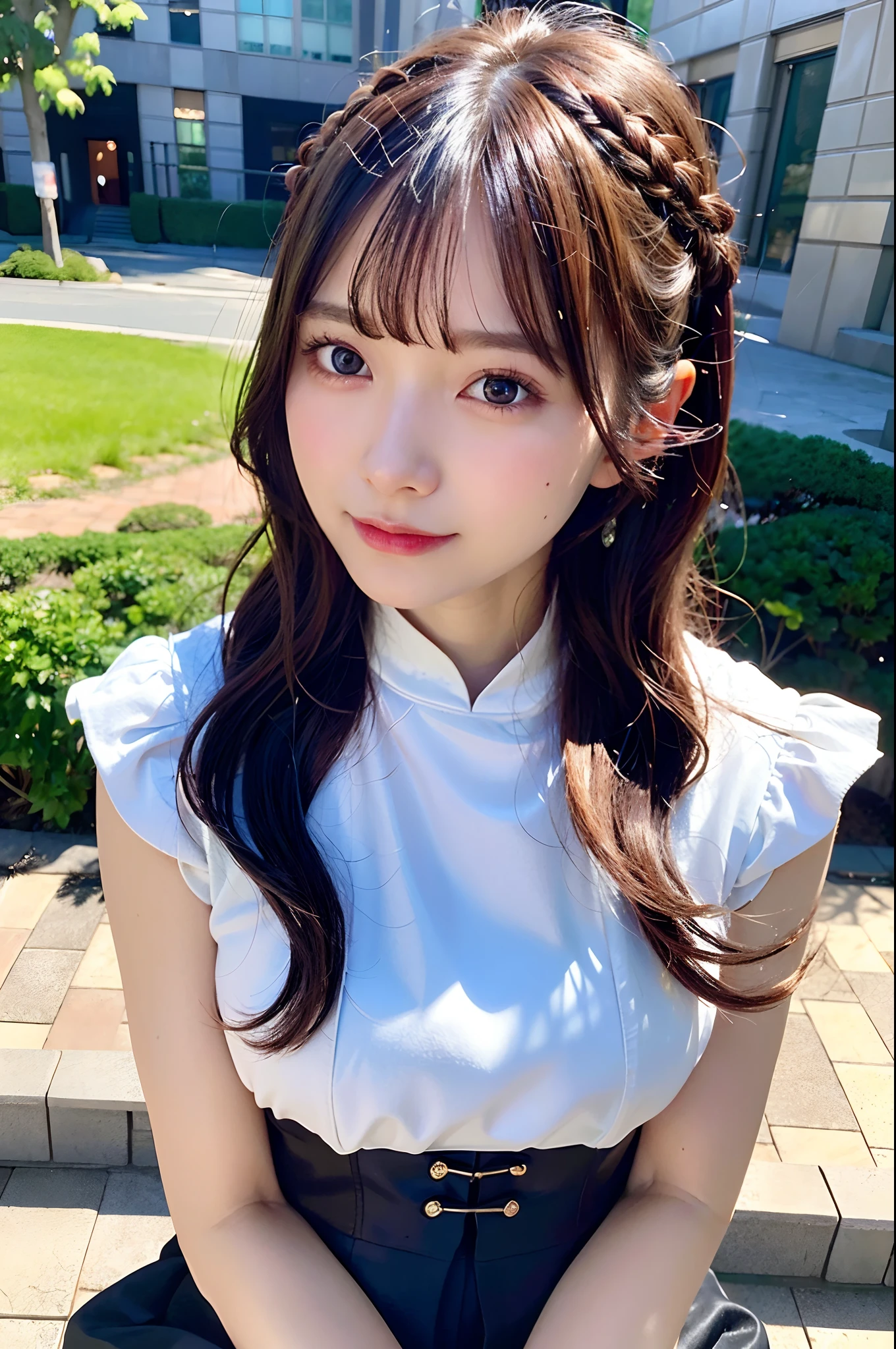 (top-quality、8K、32K、masuter piece、nffsw:1.2)、profile、(slim figure:1.2)、(s lips) 、colorful outfit、age19、(plait:1.3)、二重まぶた、shinny skin、Realistic rays、mare、beauitful face、(Light smile:1.3)、crouching down、(From above:1.2)、(a closeup:1.4)、blurry backround、(Front Focus)、(Dark: 1.6)、Fantasy Art、photoRealstic、Professional Lighting、extra detailed face、Award-winning、deep-shadows