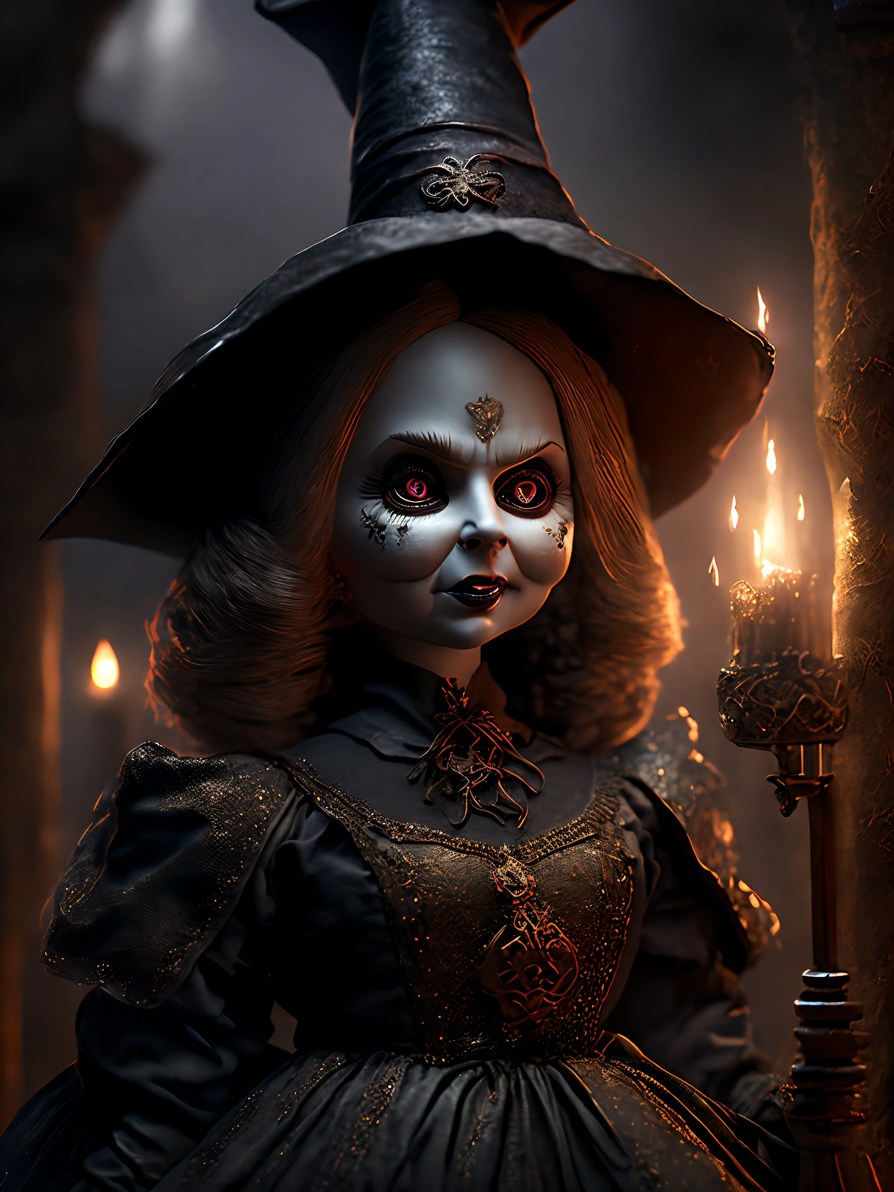Close-up (  Annabelle doll as a witch from Annabelle in Goth style: 1.3) emerging from the witches castle, extremely detailed, smoke, sparks, metal shavings, flying debris, volumetric light