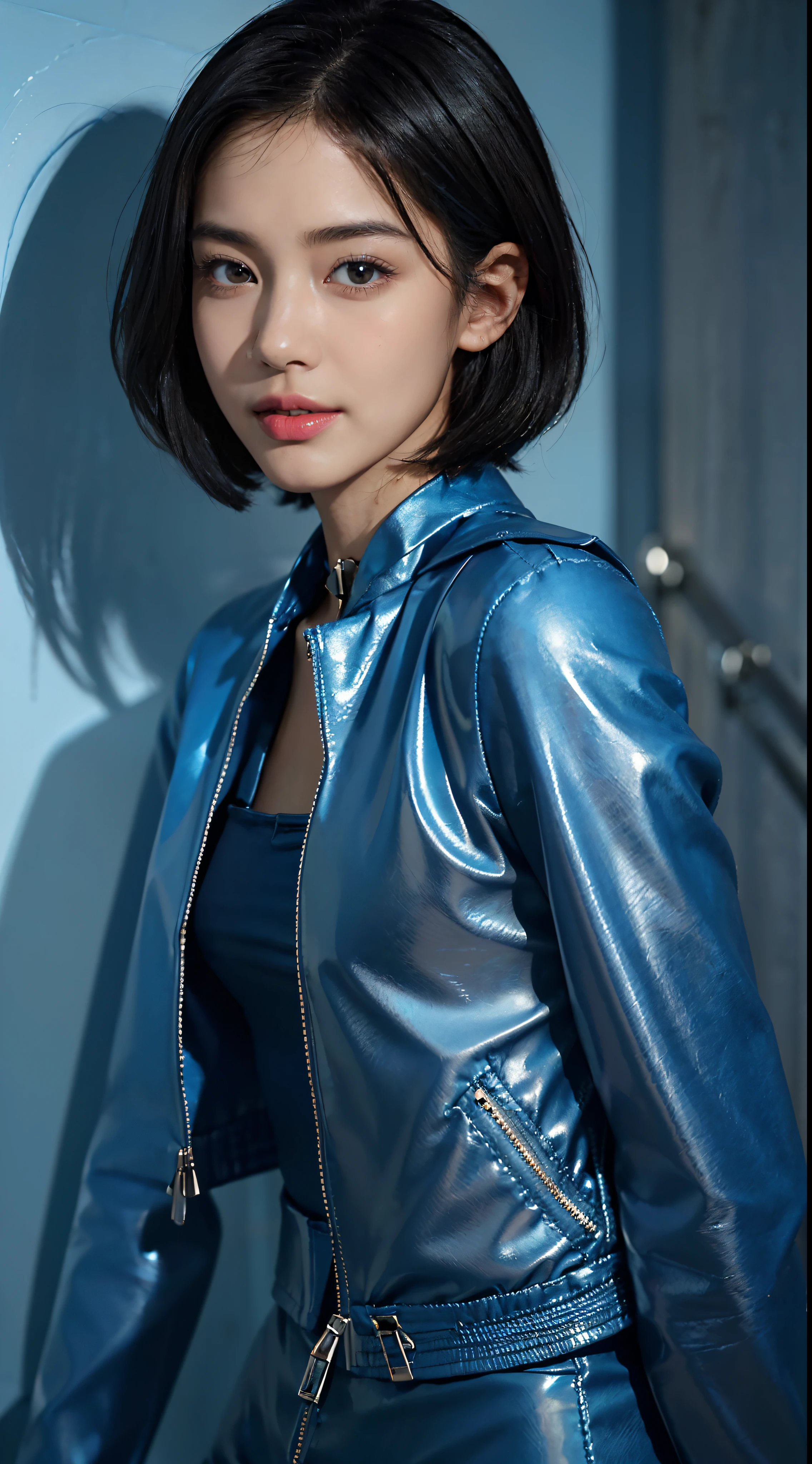 (shoulder length straight short hair: 1.1),(black hair:1.3),(Extremely meticulous CG 8k wallpaper），（Extremely refined and beautiful），（Masterpiece），（best qualtiy：1.0），（Ultra High Resolution：1.0），beautiful light up，Perfect lightning，realistic shaded，[A high resolution],(Smooth and flawless fair skin:1.5),Extremely exquisite facial details,(perfect body：1.1），ultra - detailed,(A 3-year-old beautiful girl:1.5)，small head,(Small breasts:1.1)，Flat chests，slim，thin，Smile，cheerfulness,(blue collared zipped-up cloth jacket:1.5),(blue cloth pants:1.4),Slender legs,standing,(In the stairwell of the residential building:1.5), bright lights,Portrait photo,close shot,cowboy shot,upper body,from front