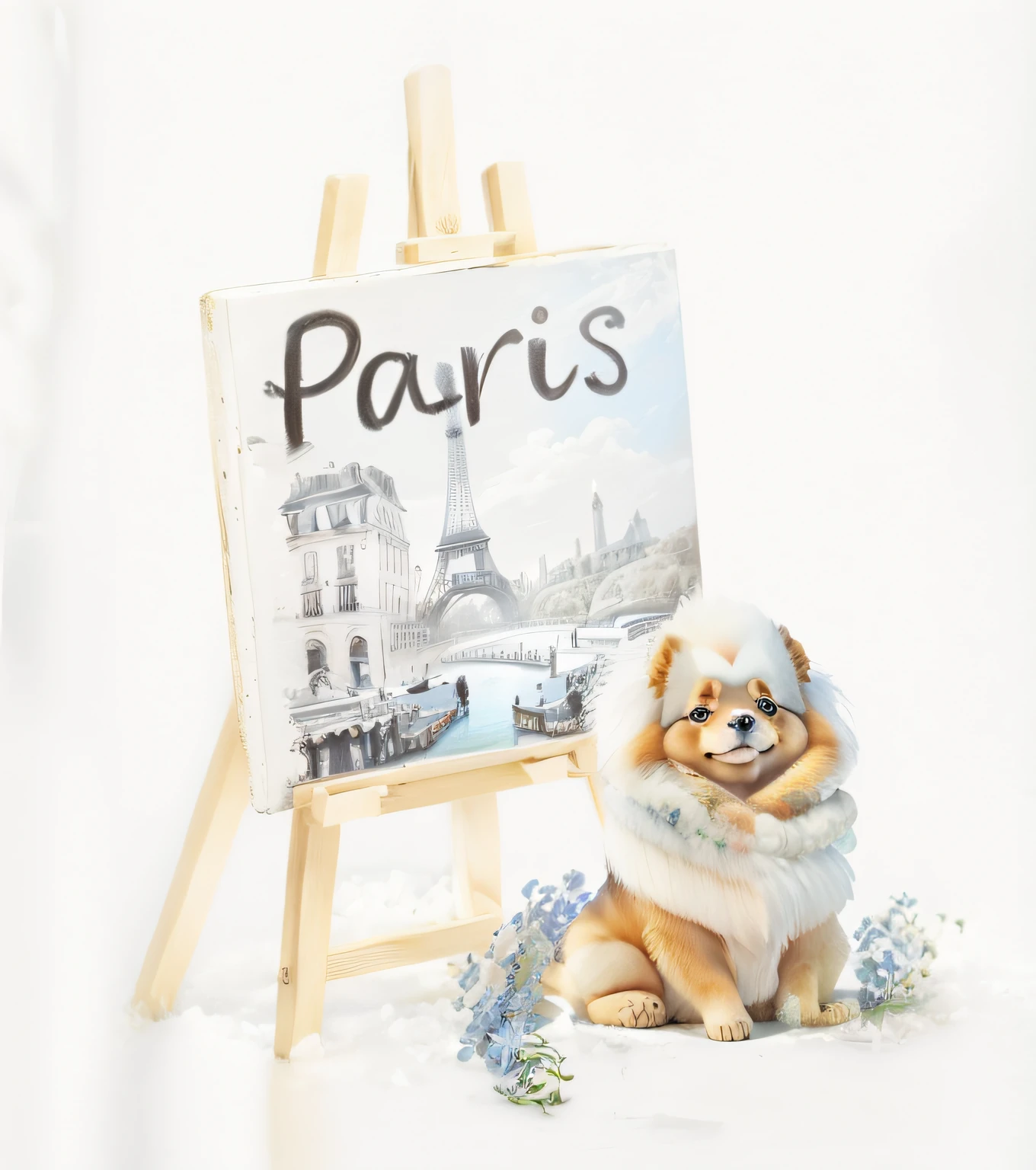 Arafed dog sitting in front of a picture of a Paris sign, Retrato de Paris, Paris, em Paris, Pomeranian, inspired by Albert Paris Gütersloh, fundo de paris, arte da camisa, painting of cute dog, Cidade de Paris, retrato detalhado, Pets, Estilo de pintura, Artista peludo, Detalhes adicionais, Painitng, Retrato grande, Estilo de arte