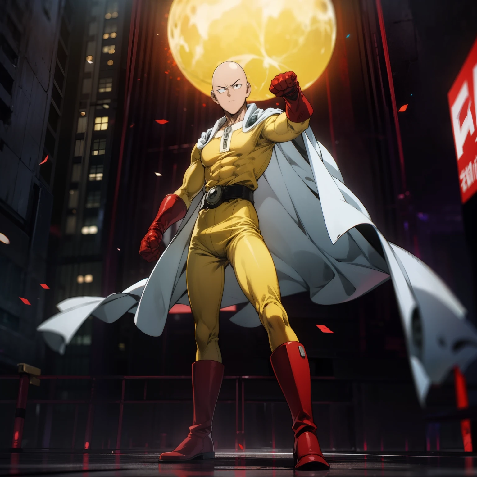 masterpiece, best quality, 1boy, (saitama), bald head, black eyes, red gloves and red boots, yellow clothes and white cape, standing, angry face, completely mad, fighting position, posting to giving punch, night city, detailed face, evil smile, aura power, night, natural light, standing, male focus, strong muscles, movie composition, deth of field, bokeh, (futuristic), (full body),