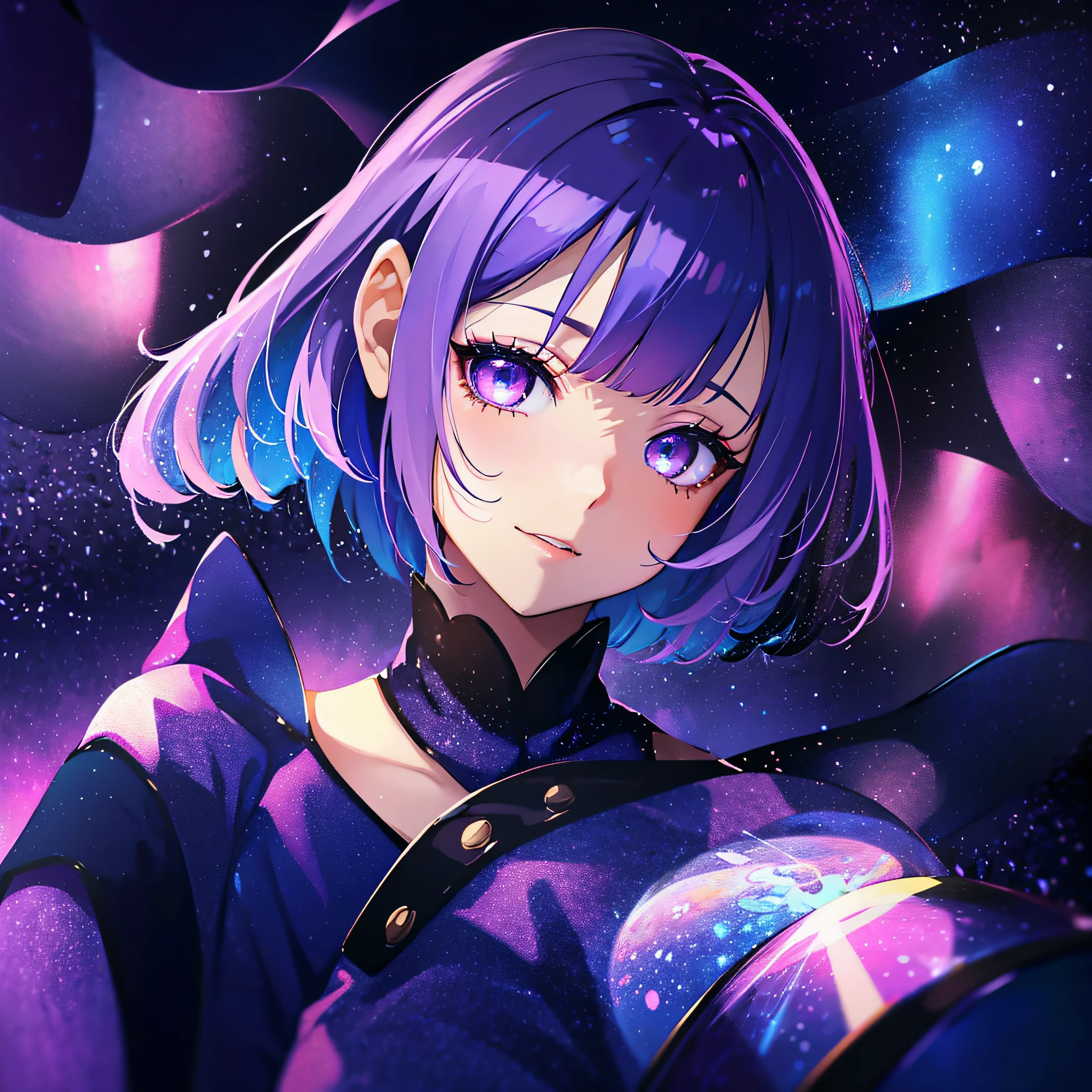 (masutepiece:1.3), (Best Quality:1.3), High resolution, Couboy Shot, on back, Sleeping, (One Cute Girl:1.3), Solo, White skin、 huge smile、Angel Ring、eight-headed person, Purple hair, (bobhair:1.2), Mixed mesh and light blue、Short hair, (Blunt bangs:1.2), Beautiful hair, Eyes are purple, Miraculous Eye、Beautiful detailed eyes, ultradetailed eyes、Glitter eyes、octans,cloud,from the rear、Colorful starry sky,Stars,Iridescent aura around the eyes、Squat position、Lie down and stick your hips out、Iridescent eyes、Narrowed eyes sucked in,Wearing a rainbow-colored aura from the whole body、purpleish color, Outdoors, Purple background, Shadow lighting,perfectbody