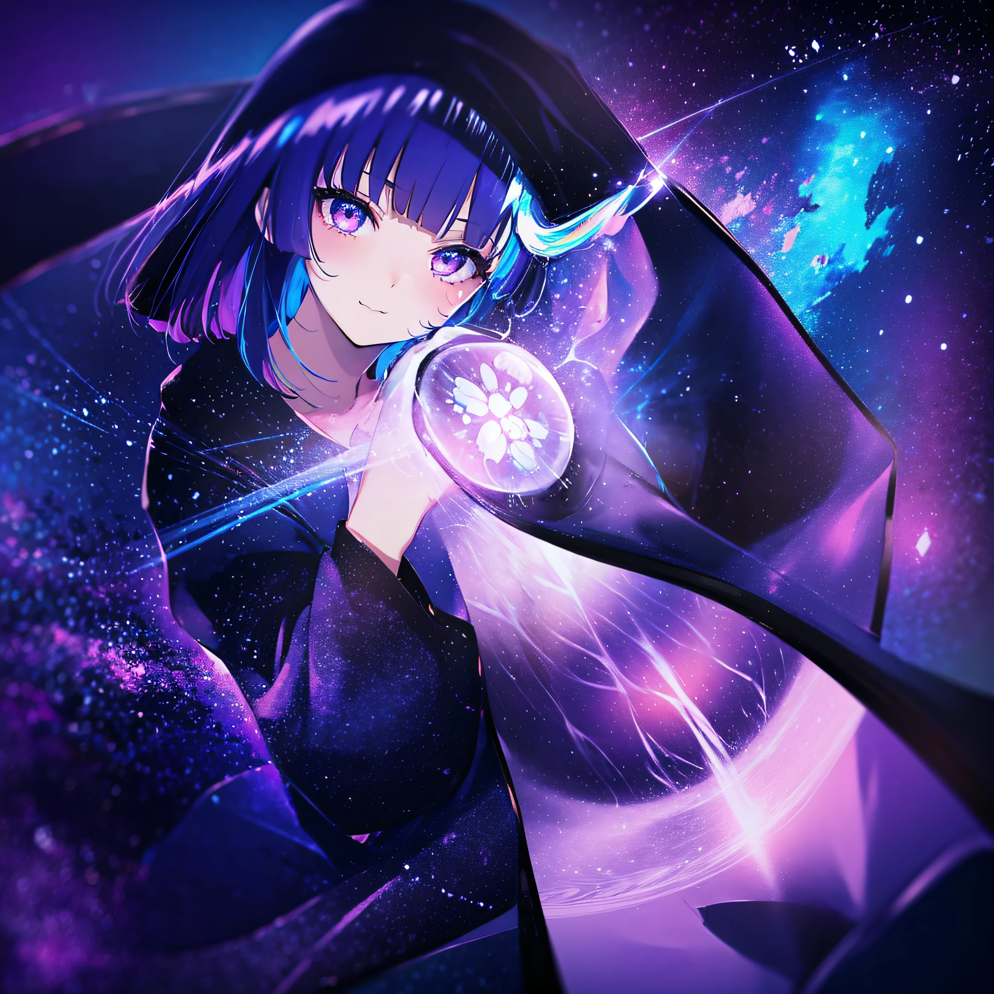 (masutepiece:1.3), (Best Quality:1.3), High resolution, Couboy Shot, on  back, Sleeping, (One Cute Girl:1.3), Solo, White skin、 huge smile、Angel Ring、eight-headed person, Purple hair, (bobhair:1.2), Mixed mesh and light blue、Short hair, (Blunt bangs:1.2), Beautiful hair, Eyes are purple, Miraculous Eye、Beautiful detailed eyes, ultradetailed eyes、Glitter eyes、octans,cloud,from the rear、Colorful starry sky,Stars,Iridescent aura around the eyes、Squat position、Lie down and stick your hips out、Iridescent eyes、Narrowed eyes sucked in,Wearing a rainbow-colored aura from the whole body、purpleish color, Outdoors, Purple background, Shadow lighting,perfectbody