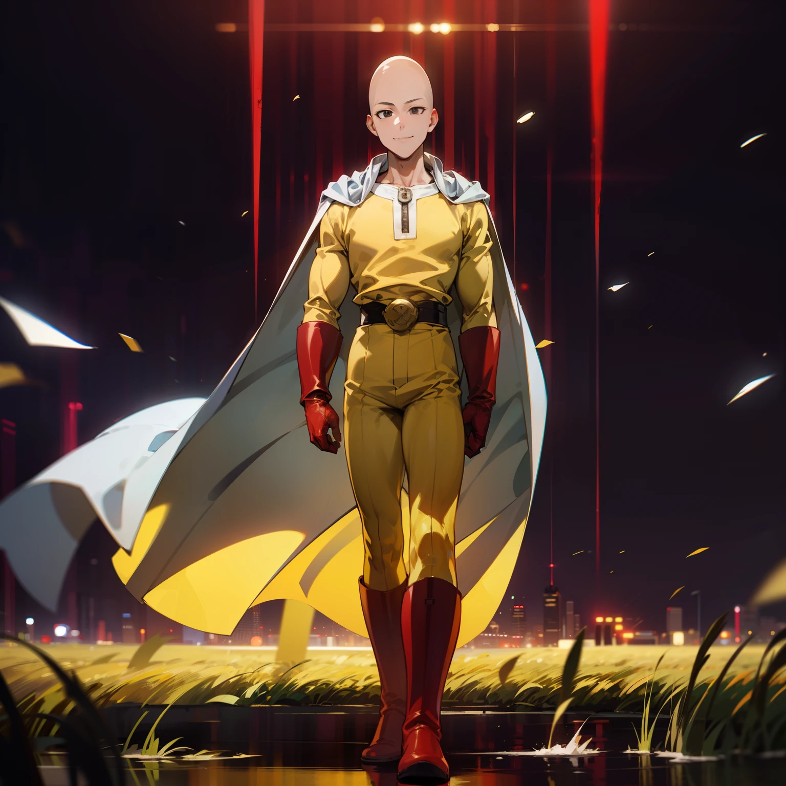 masterpiece, best quality, 1boy, (saitama), bald head, black eyes, red gloves and red boots, yellow clothes and white cape, standing, smiling, night city, detailed face, aura power, night, natural light, standing, male focus, strong muscles, movie composition, deth of field, bokeh, (futuristic), (full body),