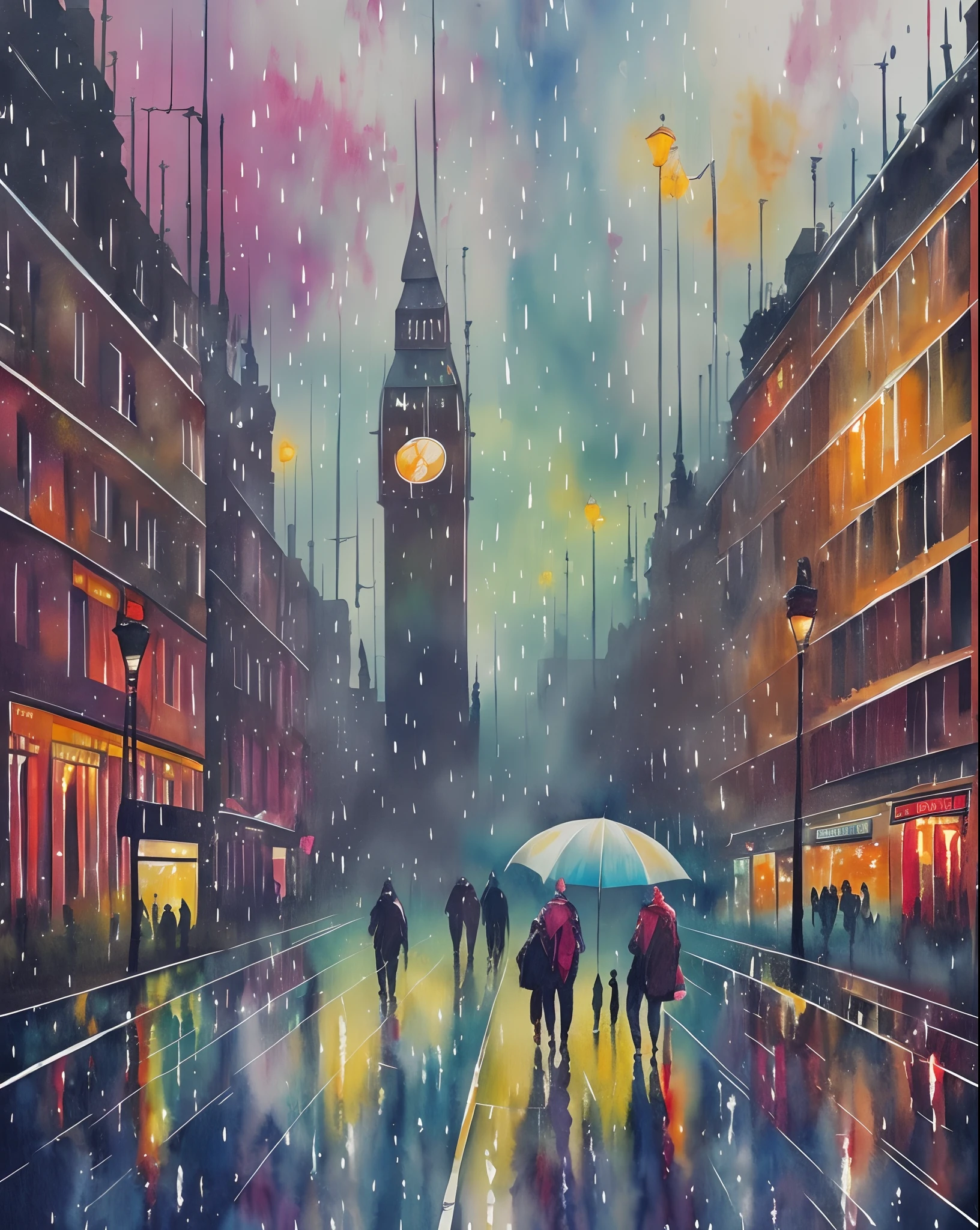 **City Scene London Downtown , people in the street with multicolor umbrellas, watercolor, grey day, lightning, heavy raining ,heavy fog, by carne griffiths --auto --s2