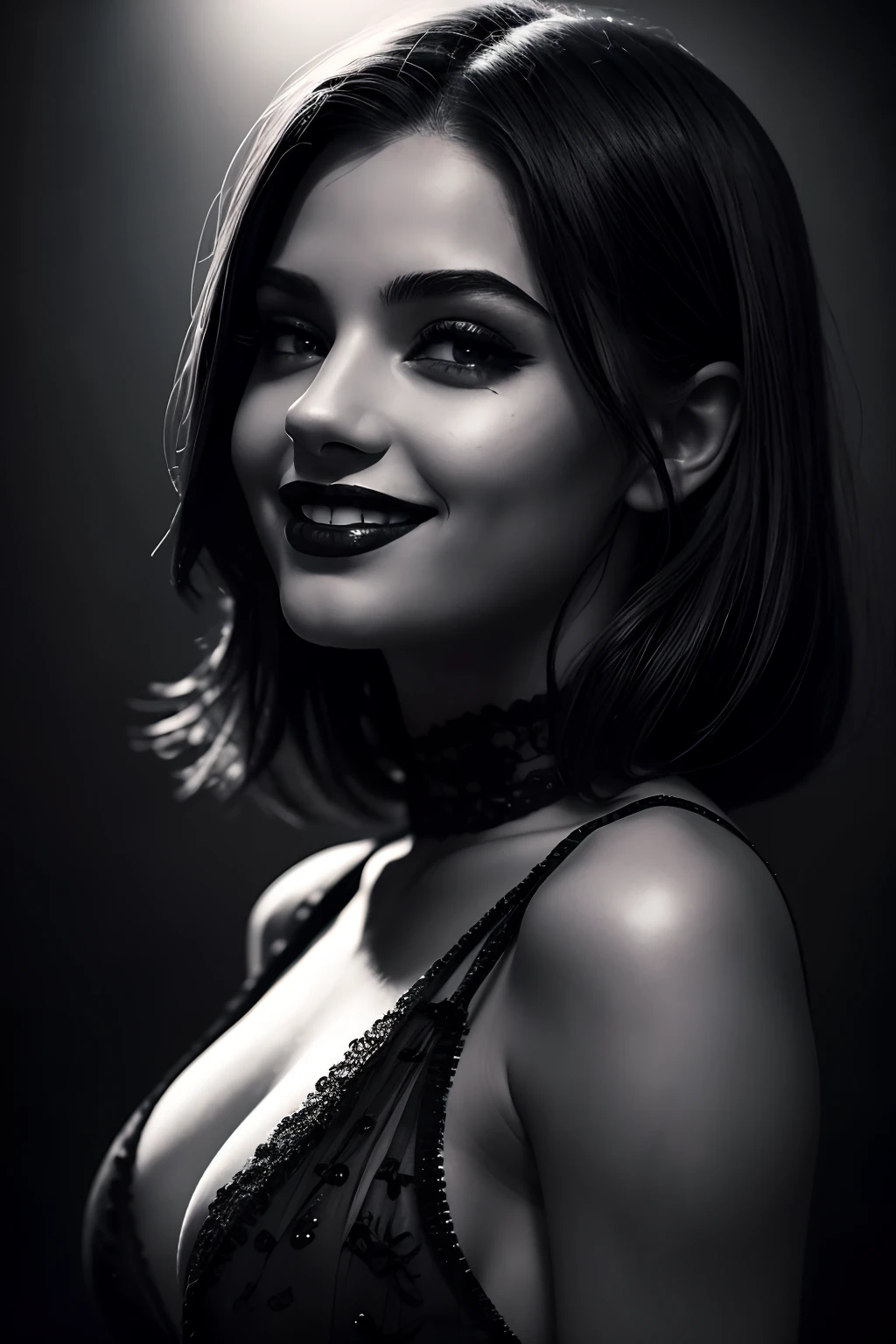 A girl in a black dress, black lipstick on her lips, smiling (best quality, ultra-detailed), dark and moody atmosphere, portrait, high contrast lighting