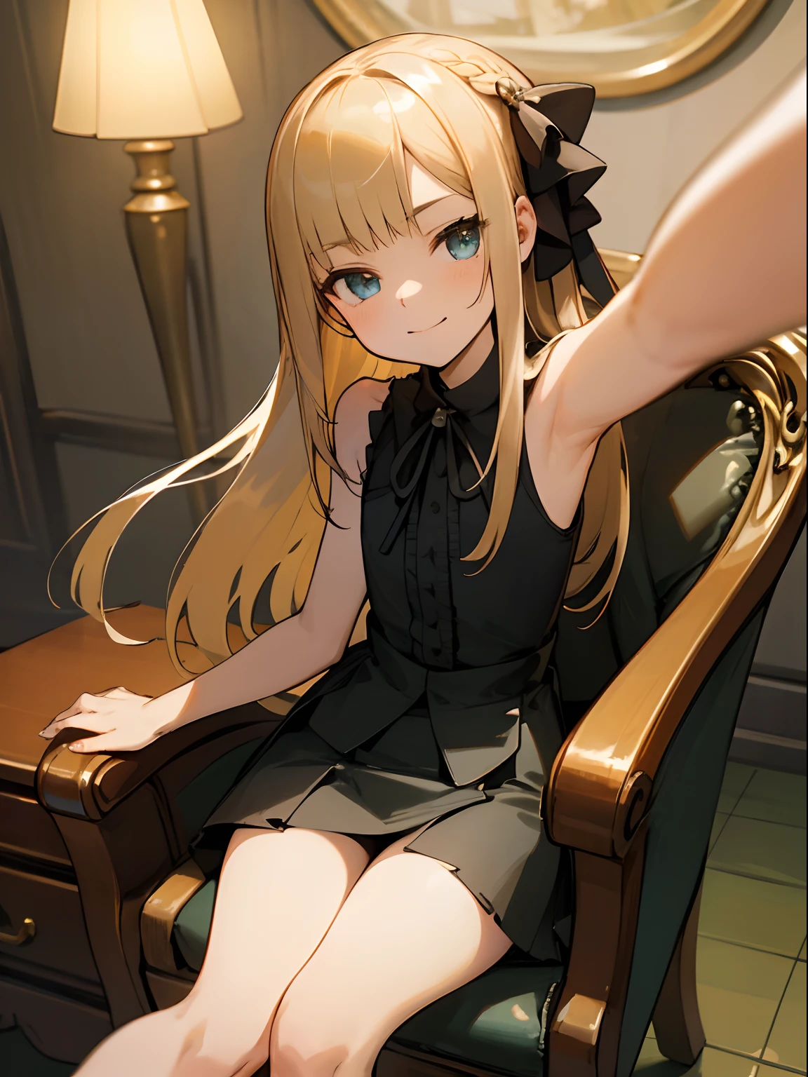 Reines, 1girl, high quality, best quality, illustration, masterpiece, (highly detailed:1.2), (extremely detailed:1.3), flat chest, sleeveless, string ribbon, young girl, short skirt, slender thighs, braid, petite, ****, in a house, sitting on chair, happy smile, selfie, specular lighting