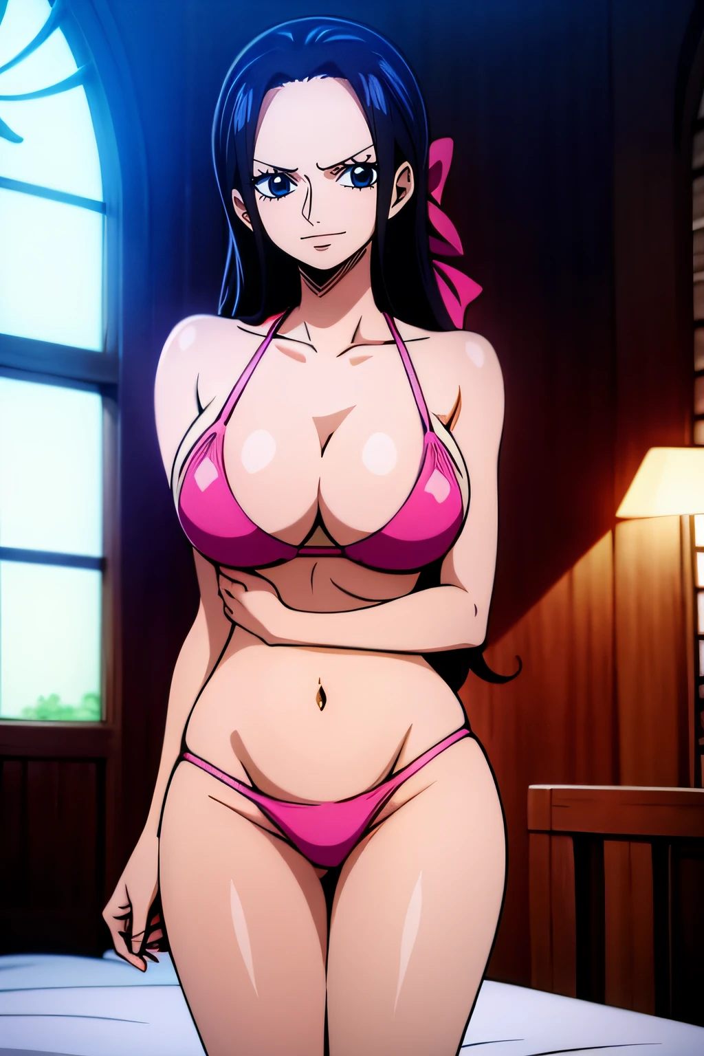 Robin de One Piece, pose sexy, Y si , Elly, Sari rojo, 8k, anime, ribera, teta grande, grande, Se ve sexy perfecta calidad ojos ojos azules, bikini rosa, pink bikini, bed, house, night