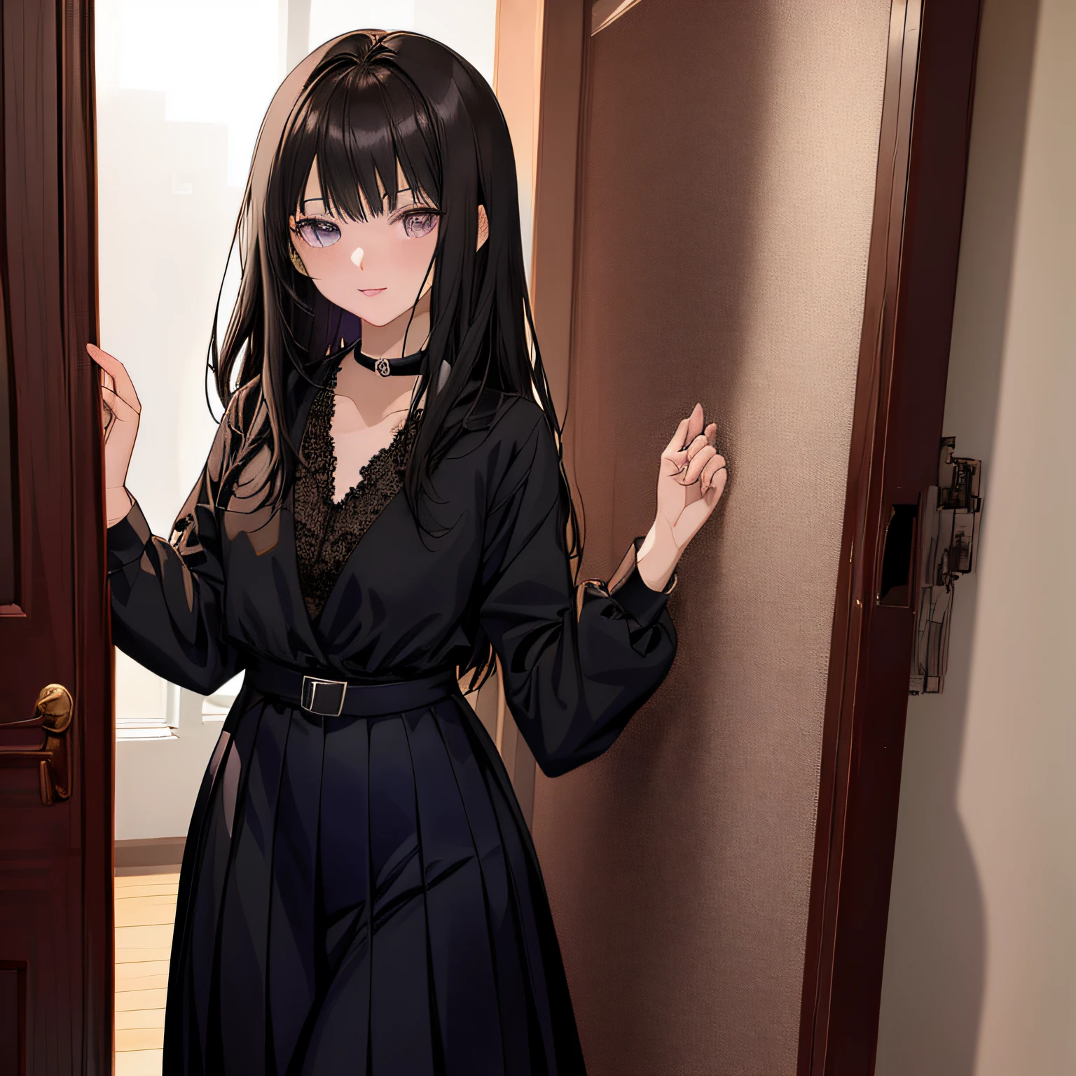 Anime girl in black dress standing in front of the door, Anime girl wearing black dress, anime moe art style, anime visual of a cute girl, Smooth anime CG art, Beautiful Anime High School Girls, made with anime painter studio, Realistic schoolgirl, drawn in anime painter studio, up of young anime girl, Digital anime illustration, cute anime waifu in a nice dress