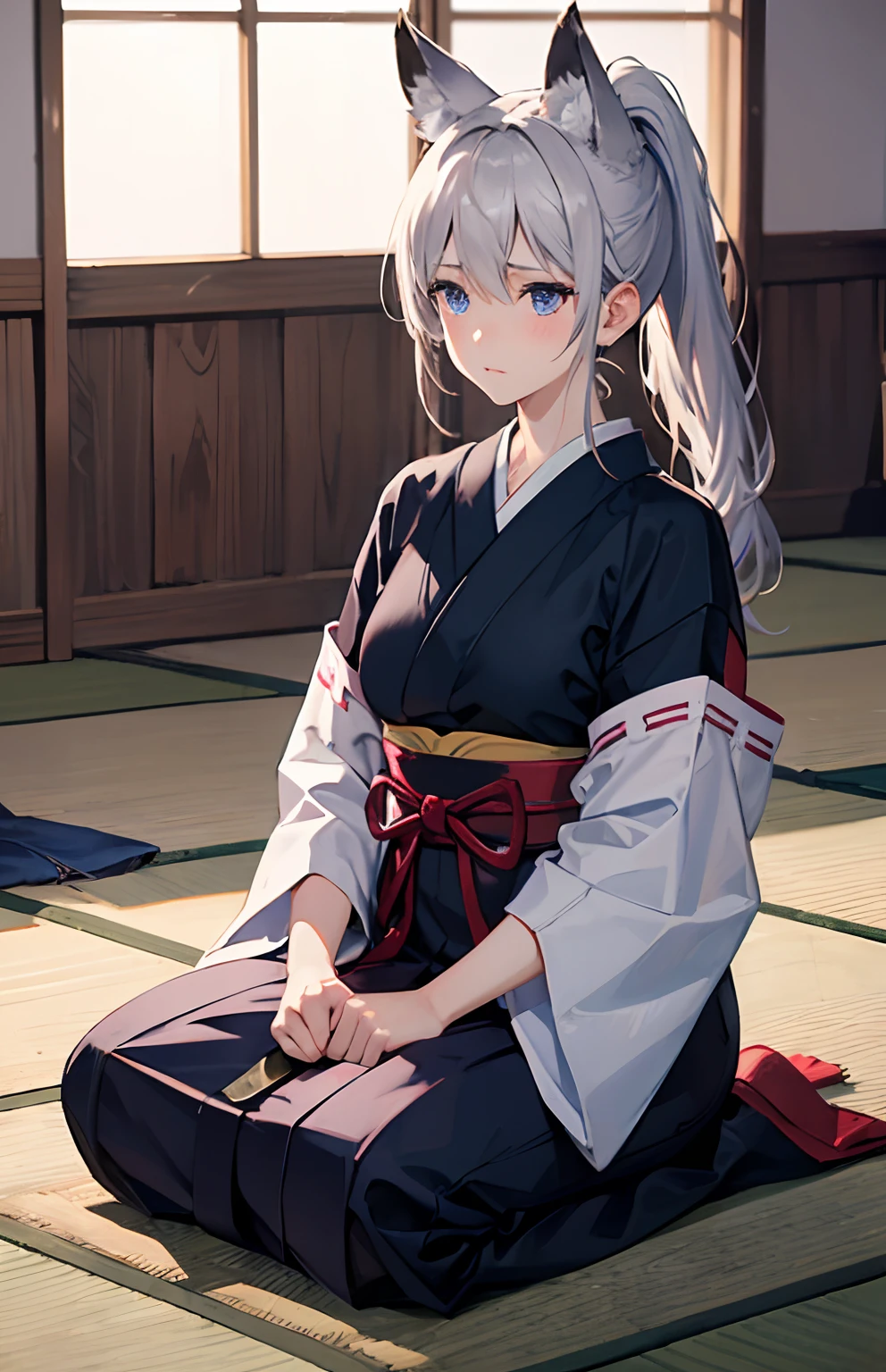 masterpiece,Top image quality,hight resolution,imagem 4k,Raw photo,Photorealsitic,{Solo},teens girl,Embarrassment,Silver Ponytail,stare at each other,,Blue eyes,小柄,,Silver fox ears,Fox tail,hakama,boyish,Tatami mats、traditional Japanese room,Seiza,swordsmen、knifes