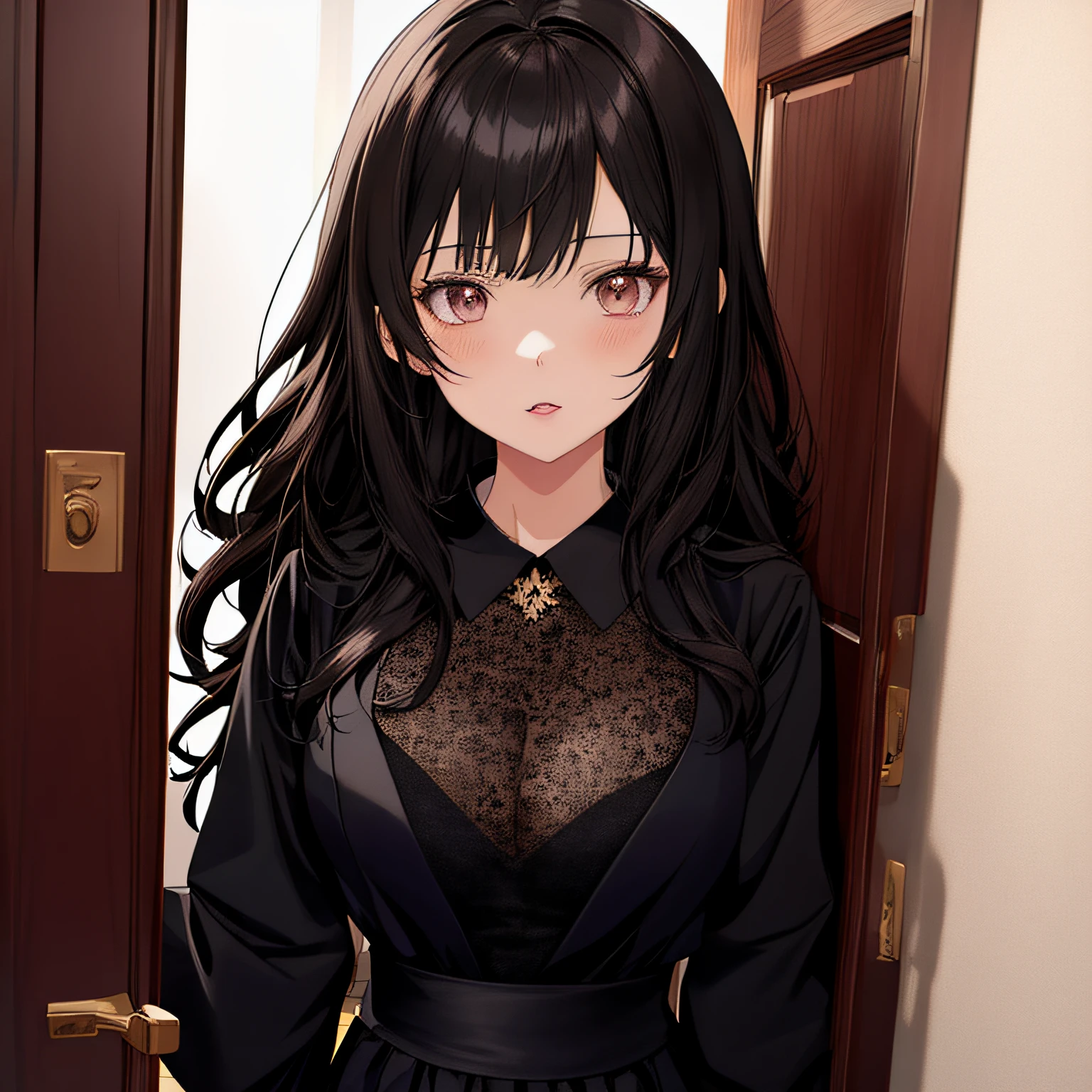 Anime girl in black dress standing in front of the door, Anime girl wearing black dress, anime moe art style, anime visual of a cute girl, Smooth anime CG art, Beautiful Anime High School Girls, made with anime painter studio, Realistic schoolgirl, drawn in anime painter studio, up of young anime girl, Digital anime illustration, cute anime waifu in a nice dress