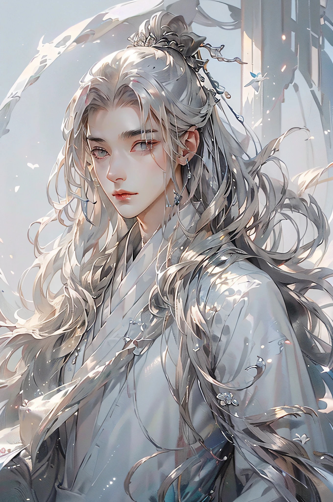 (extreamly delicate and beautiful:1.2), 8K, (tmasterpiece, best:1.0), , (LONG_silver_HAIR_MALE:1.5), Upper body body, a long_haired male, cool and seductive, evil_gaze, wears white hanfu, and intricate detailing, and intricate detailing, finely eye and detailed face, Perfect eyes, Equal eyes, Fantastic lights and shadows、white room background、 Uses backlight and rim light