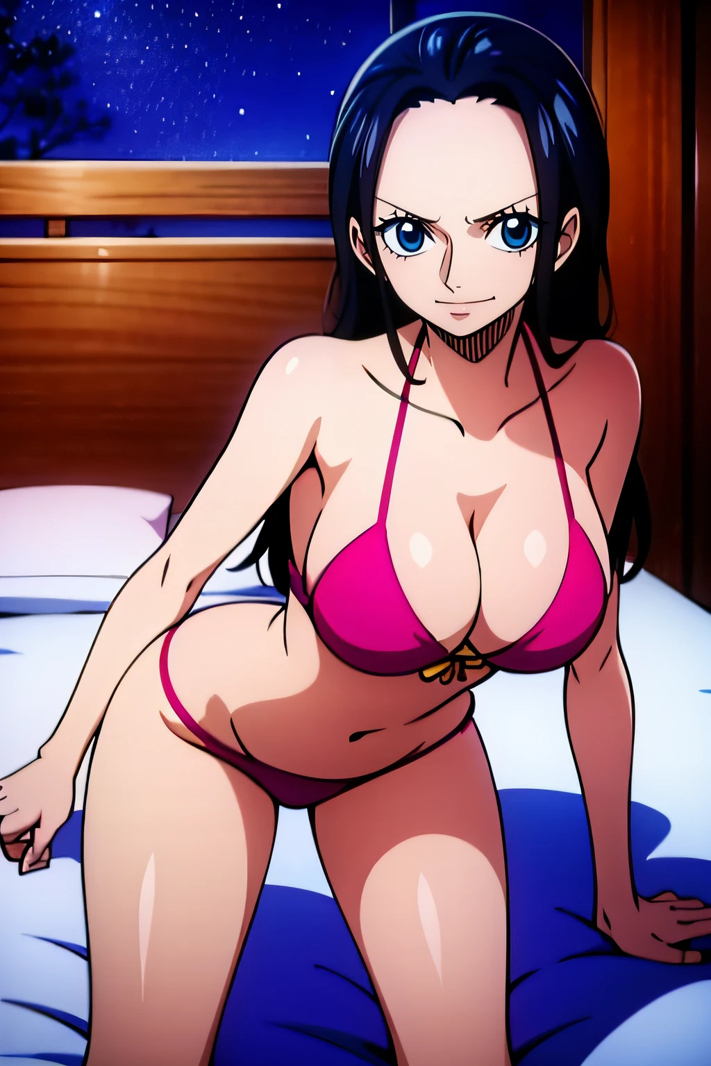 Robin de One Piece, pose sexy, Y si , Elly, Sari rojo, 8k, anime, ribera, teta grande, grande, Se ve sexy perfecta calidad ojos ojos azules, bikini rosa, pink bikini, bed, house, night