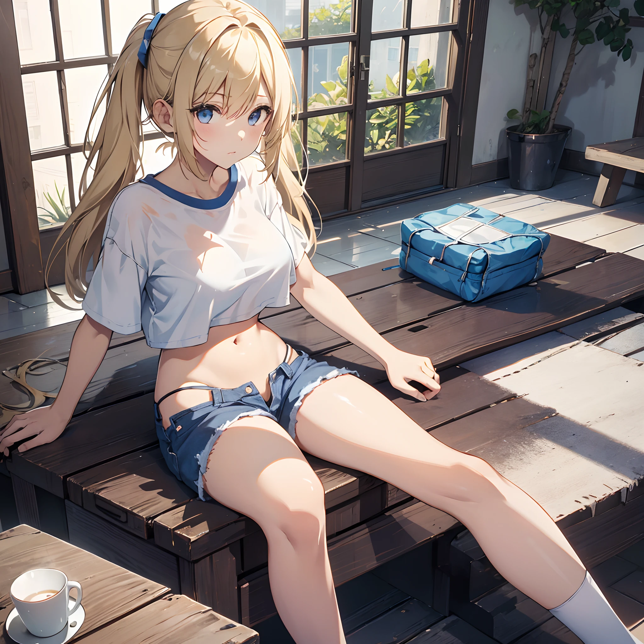 Woman sitting with legs spread、(One girl:1.2)、Glossy blonde、white t-shirts、poneyTail、Tattered hut、inside the house、large full breasts、Navel Ejection、Blue Hot Pants、top-quality、