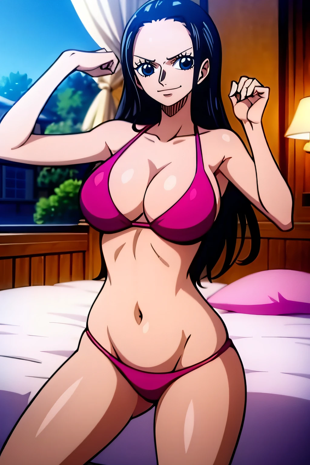 Robin de One Piece, pose sexy, Y si , Elly, Sari rojo, 8k, anime, ribera, teta grande, grande, Se ve sexy perfecta calidad ojos ojos azules, bikini rosa, pink bikini, bed, house, night