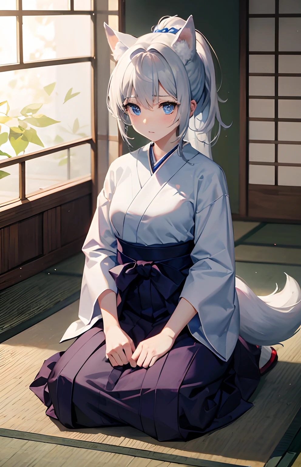 ​masterpiece,Top image quality,hight resolution,imagem 4k,Raw photo,Photorealsitic,{Solo},teens girl,Embarrassment,Silver Ponytail,stare at each other,,Blue eyes,小柄,,Silver fox ears,Fox tail,hakama,boyish,Tatami mats、traditional Japanese room,Seiza,swordsmen、knifes