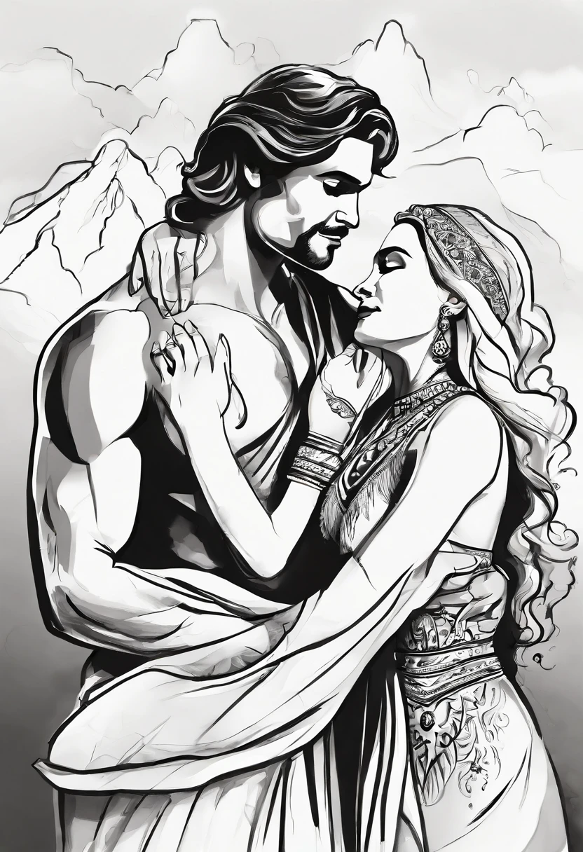 Black and white painting of a man and a woman embracing, princes jasmin, Aladdin, princess jasmine, black and white color only, Black and white coloring, coloring page, handsome prince of persia, jasmine, animated disney movie inking, Coloring book outline, a cartoon by disney, style of disney animation, 2D, 2 d, pose 1 of 1 6, zido