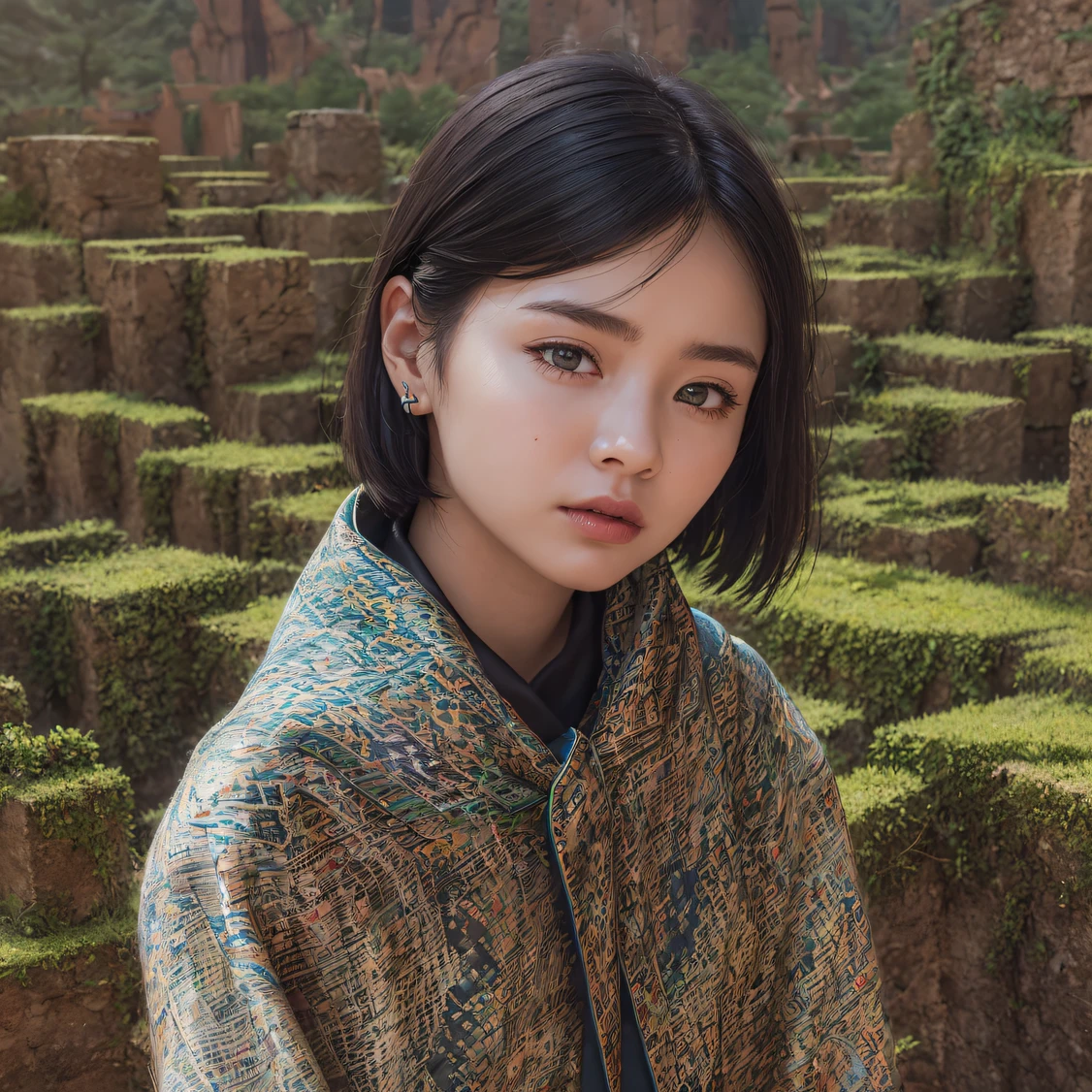 Maze 32K,Realistic painting_book_cover:1.3,  Girl 1:60 miniatures，Go to the maze，CG Giant, Smooth CG art, Realistic. Cheng Yi, Forced masterpiece，monument valley，Geometry Cute secret rendering, Rendu portrait 8k, Render character art 8 K, Kawaii realistic portrait， tmasterpiece，monument valley，geomerty（Linen batik scarf）， Angry fighting stance， looking at the ground， Batik linen bandana， Chinese python pattern long-sleeved garment，Uncharted（Abstract propylene splash：1.2）， Dark clouds lightning background，tmasterpiece，Monument Valley geometry（realisticlying：1.4），tmasterpiece，monument valley，geomerty，Telephoto lens high， A high resolution， the detail， RAW photogr， Sharp Re， Nikon D850 Film Stock Photo by Jefferies Lee 4 Kodak Portra 400 Camera F1.6 shots, Rich colors, ultra-realistic vivid textures, Dramatic lighting，8K quality, Girls，Backstreets， Dark clouds lightning background masterpiece，monument valley，geomerty（realisticlying：1.4），Black color hair，tmasterpiece，monument valley，Geometric secrets， RAW photogr， Sharp Re， Nikon D850 Film Stock Photo by Jefferies Lee 4 Kodak Portra 400 Camera F1.6 shots, Rich colors, ultra-realistic vivid textures, Drama light film CG agency，Tropical canyon battle scene、Chinese big breasts、Vintage trench coat、three kingdom、ember、100 people、Faraway view、intense battles、high detal、masuter piece、NSFW，Multi-layered long-sleeved gauze garment，Quick-drying vest，Colorful cotton and linen sweater，Red and black snake cloak cloak，Doomsday ruins（Uncharted）Climb the streets（（（Miniatures）））tmasterpiece，monument valley，geomerty