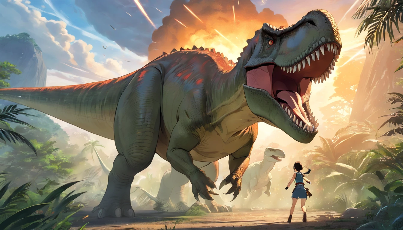 Tyrannosaurus rex vs. triceratops fierce battle, (Best quality, 4K, A high resolution, ultra - detailed), Fierce struggle, Roars and horns, Dusty prehistoric landscape, realistic shaded, Vivid colors, (A detailed, 复杂, Exquisite) Dinosaur scales and textures, dynamic movements, (irate, Determined) The expression on the face of a dinosaur, (stark, Muscular) institution, Sharp teeth and horns, (big assa, imponent) Size, (Dramatic, Dynamic) illuminating, (stark, Energetic) enhancing, (Tension, Anticipation) In the air,1 vs 1,bloods,Hunting,Defense dose,Fight to the death