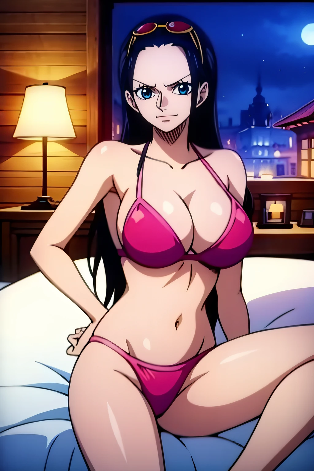 Robin de One Piece, pose sexy, Y si , Elly, Sari rojo, 8k, anime, ribera, teta grande, grande, Se ve sexy perfecta calidad ojos ojos azules, bikini rosa, pink bikini, bed, house, night