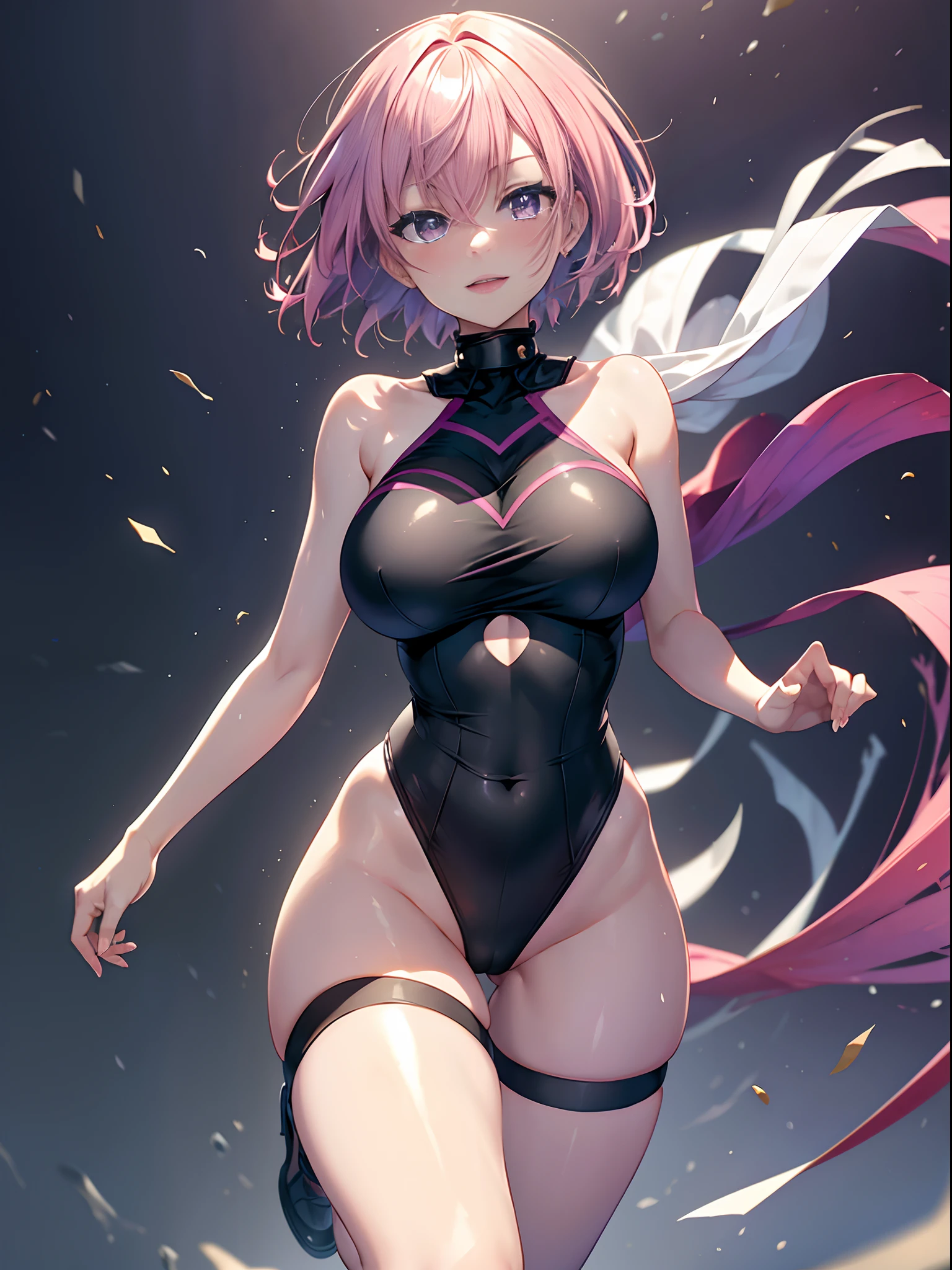 (masterpiece), best quality, expressive eyes, perfect face, full body shot, 1girl, looking at viewer, highleg leotard, black leotard, bare shoulders, huge breasts, navel, navel cutout, slim waist, wide hips, legs apart, thighs, thick thighs, ass visible through thighs, tigh strap, thigh gap, short hair, pink hair, purple eyes, smile, open mouth blush, (Simple background:1.2), mash kyrielight