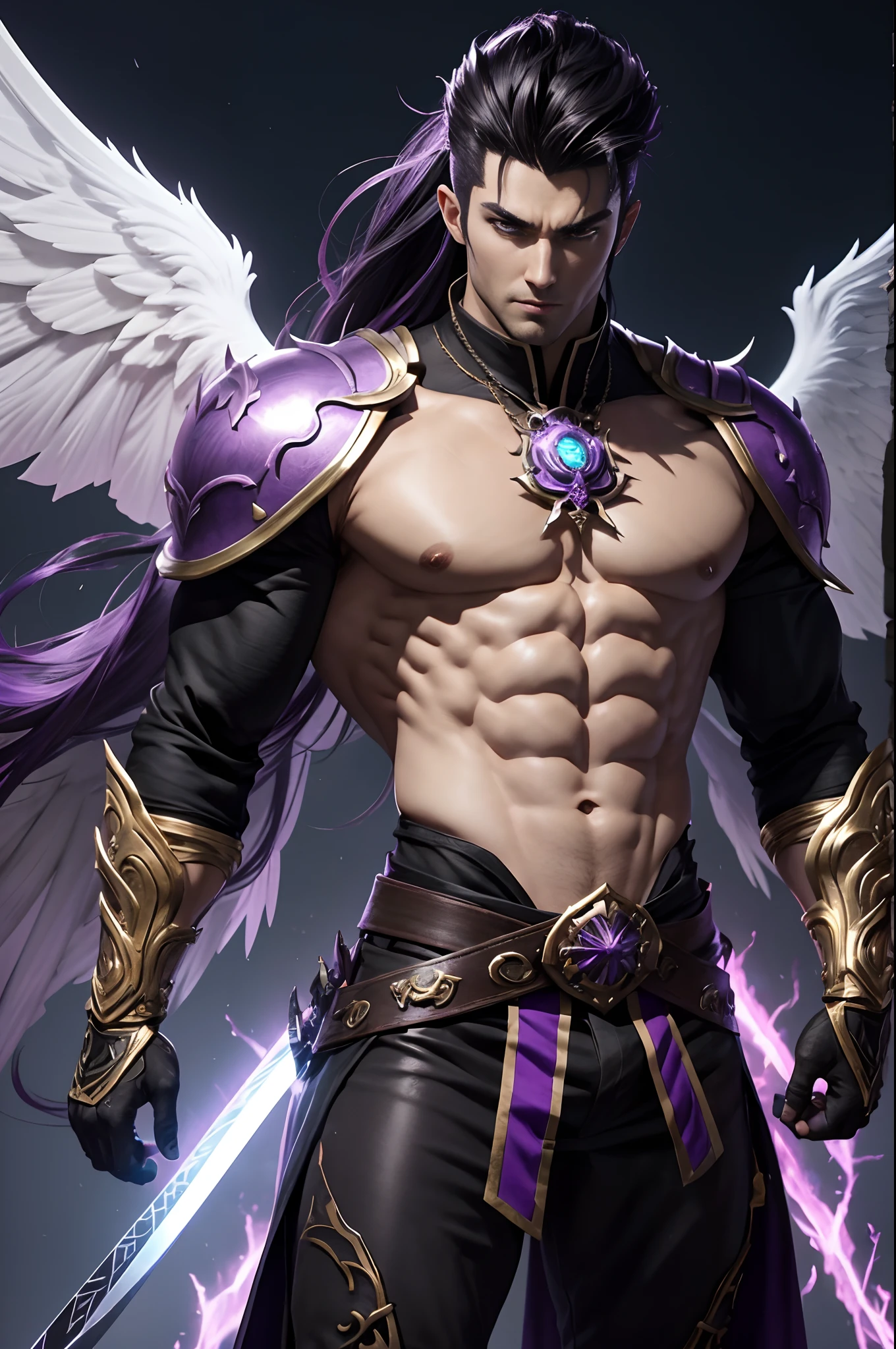 8K、Alafed Men、White and purple exterior,Golden decoration、Big sword armament、Super handsome、Purple and white mohawk cutting、Eyes glowing purple、The area around the eyes is painted bright red,Realistic one-winged wings(Only the tips of the hair are black)unrealengine、Joseph Joestar、trending on artstationh、Diobrand、highly detailed exquisite fanart、3 d render character art 8 k、Highly detailed artgerm、Muscular male hero with a slender body、handsome guy in demon slayer art、Range Murata and Artgerm