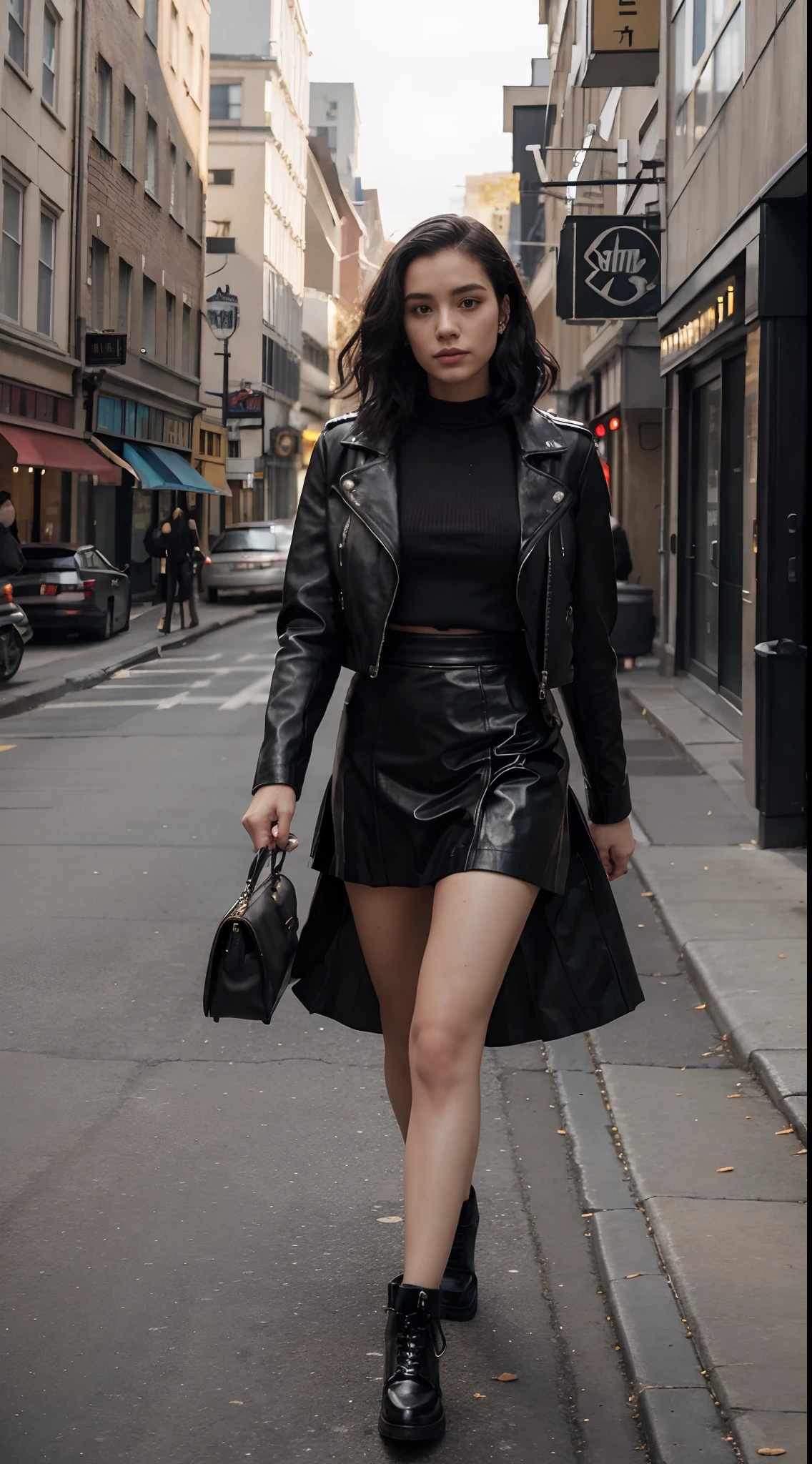 Girl with Michael Kors bag leather jacket kneeling 